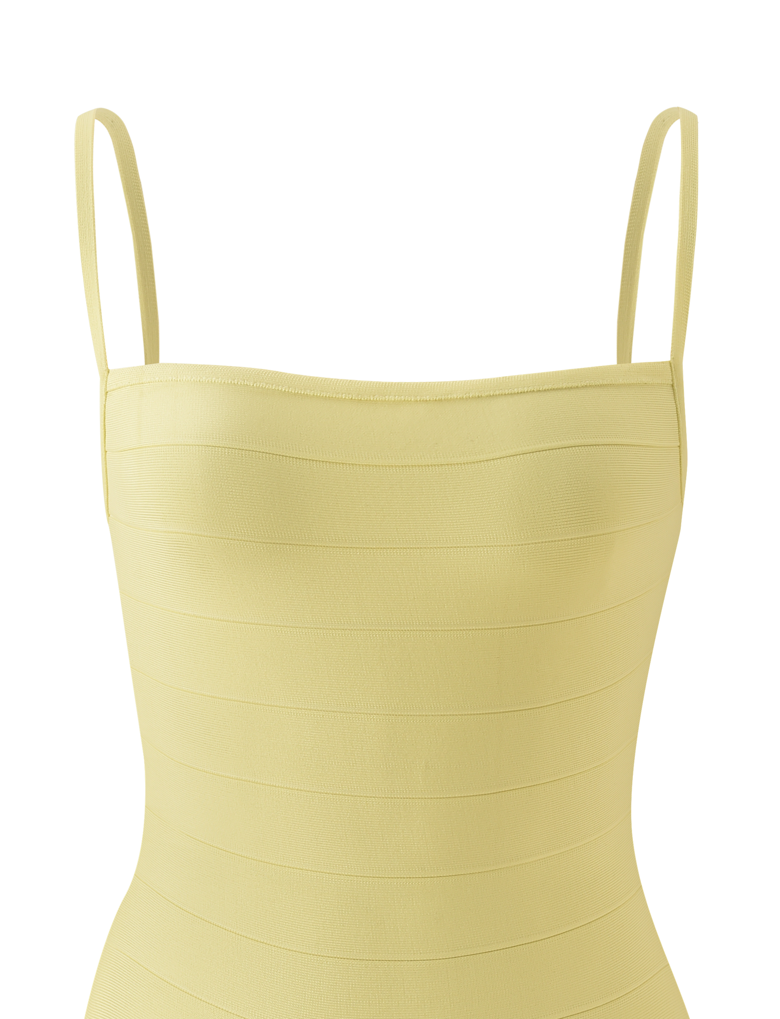 A close-up of the TIGERMIST MIDORI BANDAGE MINI DRESS in yellow, featuring a sleeveless, bodycon silhouette with thin straps and horizontal paneling, displayed on a plain white background.