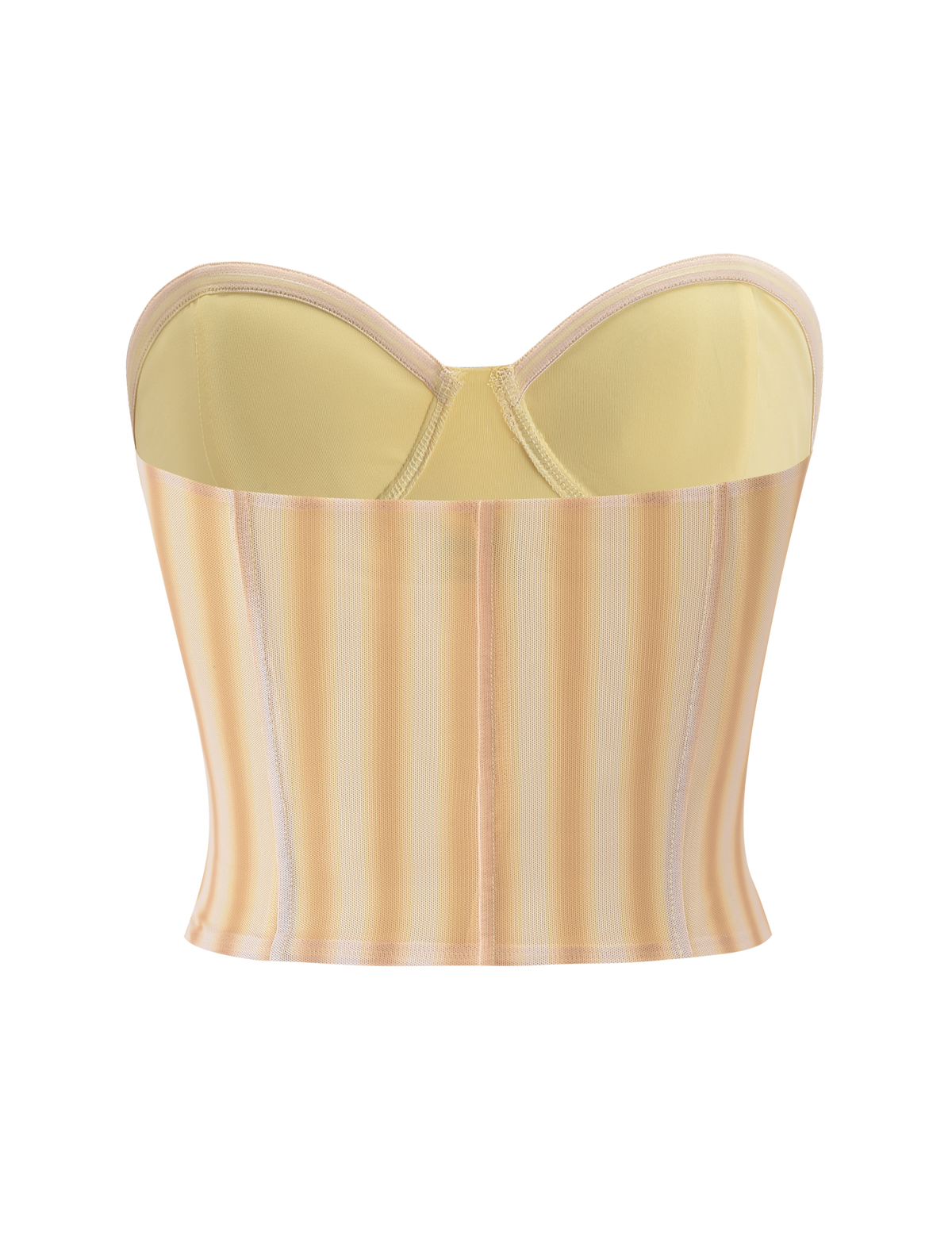 The TIGERMIST HAVANA CORSET - YELLOW STRIPE is a strapless bustier top with structured cups, vertical seams, and a subtle sweetheart neckline, shown against a white background.
