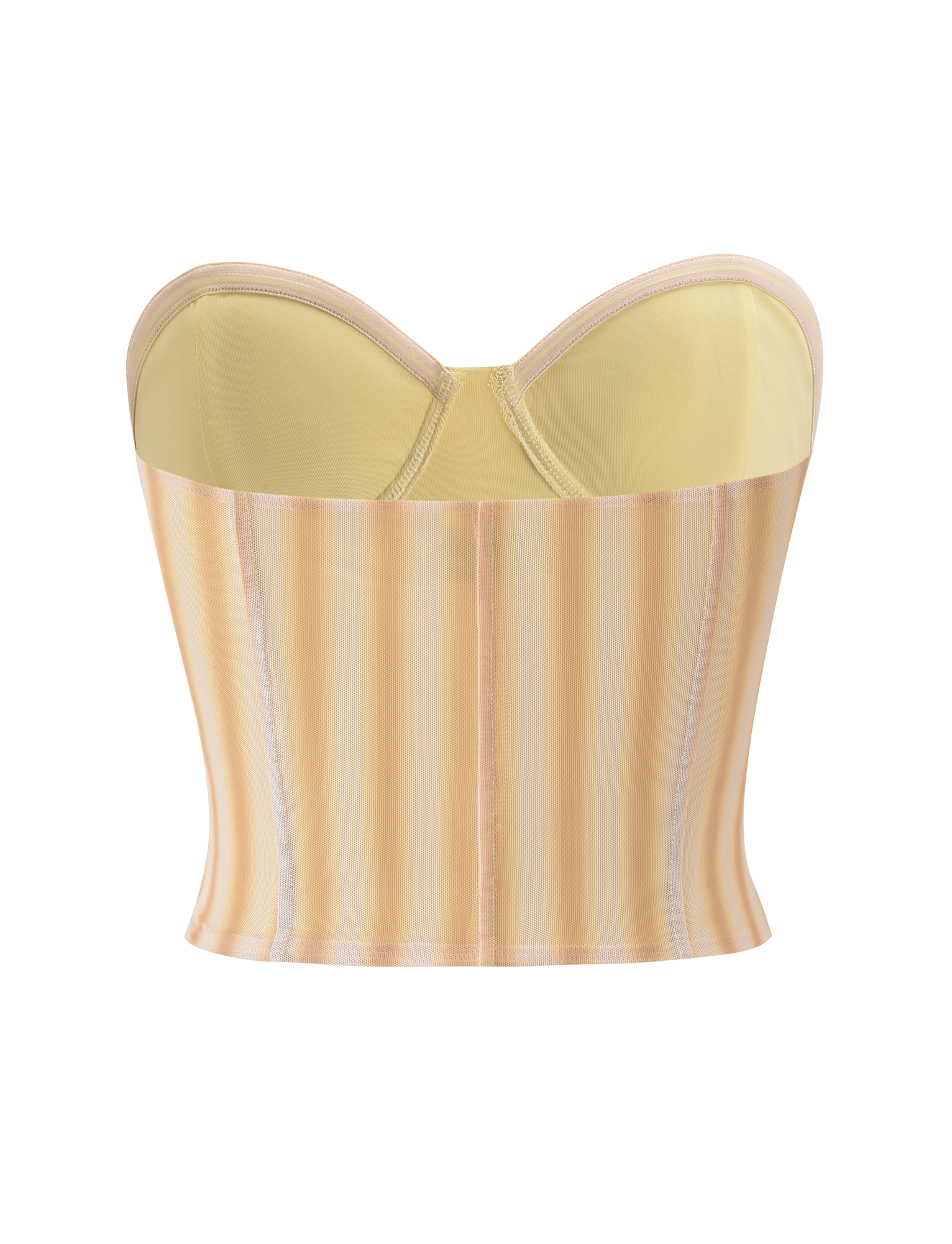 The TIGERMIST HAVANA CORSET - YELLOW STRIPE is a strapless bustier top with structured cups, vertical seams, and a subtle sweetheart neckline, shown against a white background.