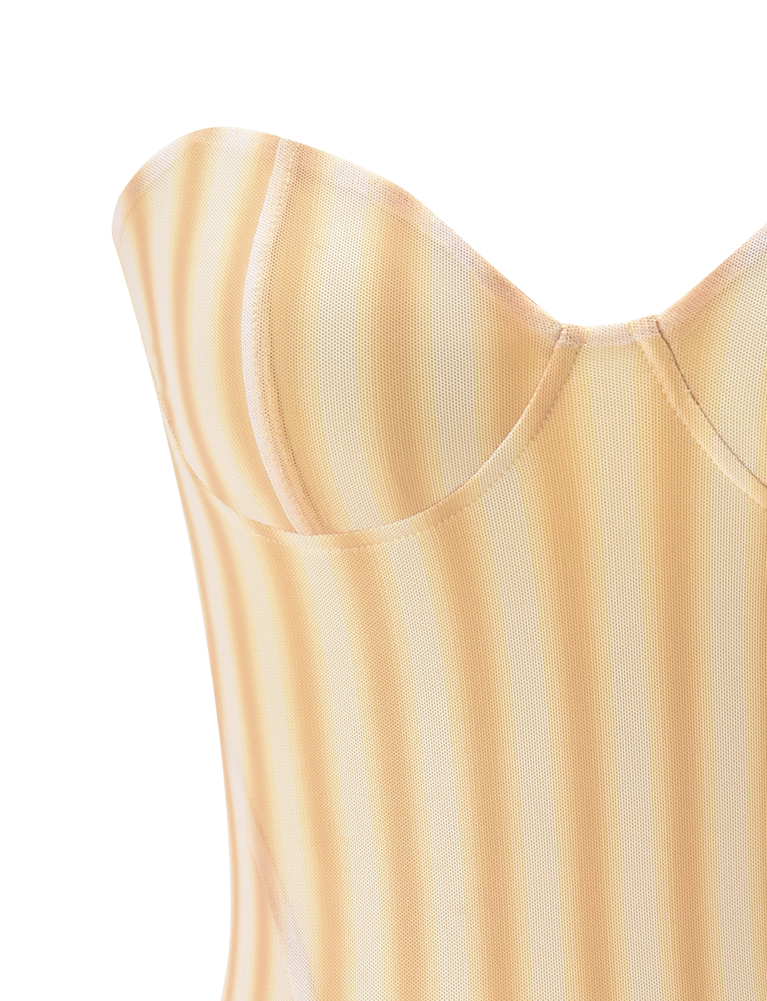 Close-up of the HAVANA CORSET - YELLOW STRIPE by TIGERMIST: a strapless mesh top with molded cups, sweetheart neckline, and smooth fabric featuring vertical yellow and white stripes, shown against a white background.