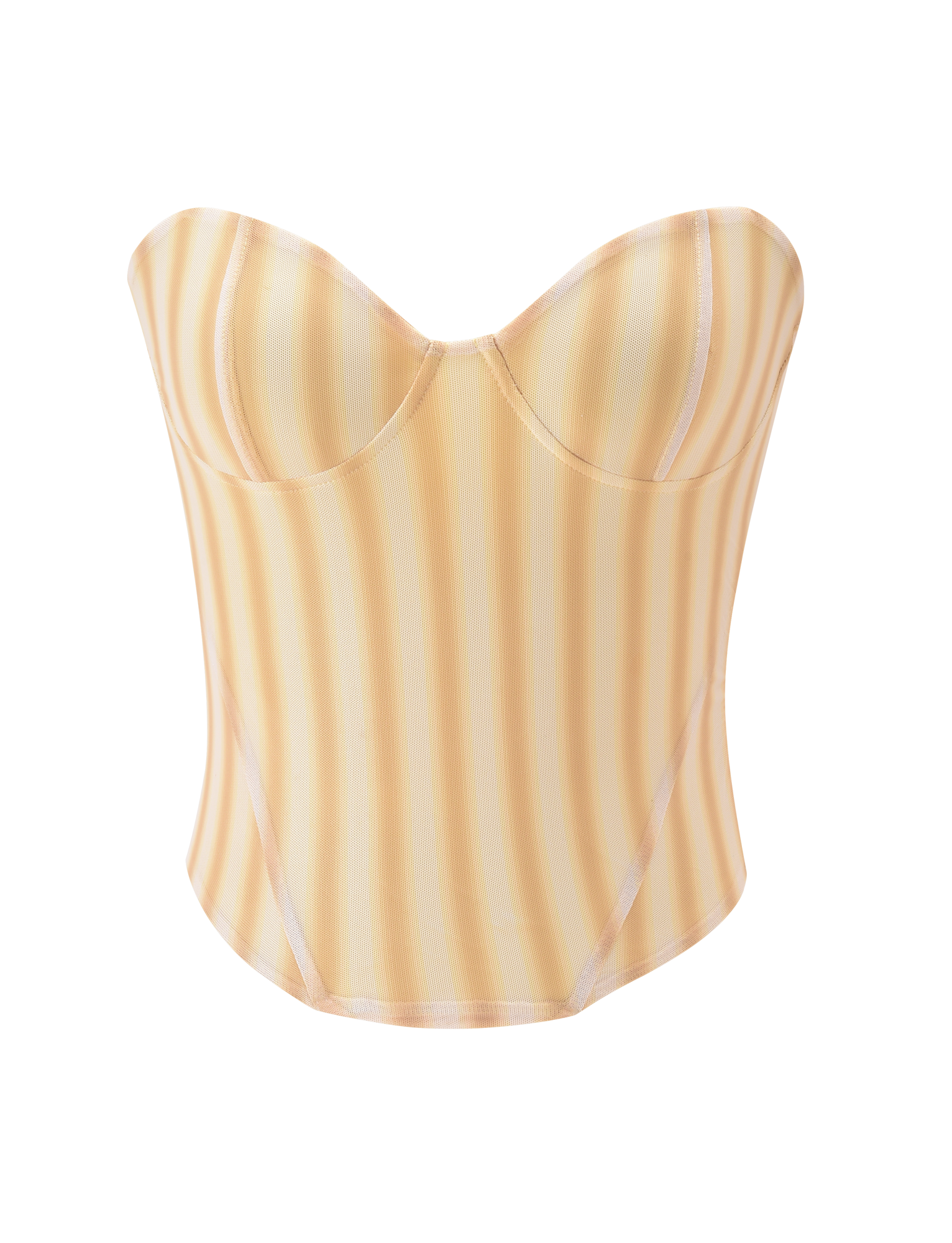 The TIGERMIST HAVANA CORSET - YELLOW STRIPE features structured cups, a sweetheart neckline, and a fitted bodice, shown against a plain white background.