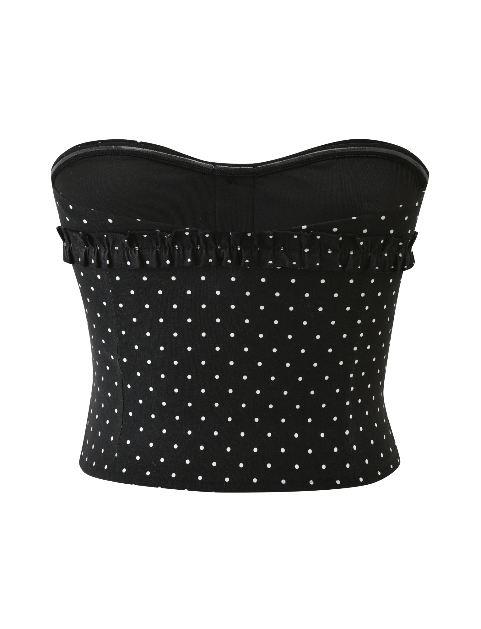 The KITTIE STRAPLESS CORSET - BLACK DOT by TIGERMIST is a black strapless corset top with white polka dots, a sweetheart neckline, and a ruffled trim across the upper back, shown against a white background.