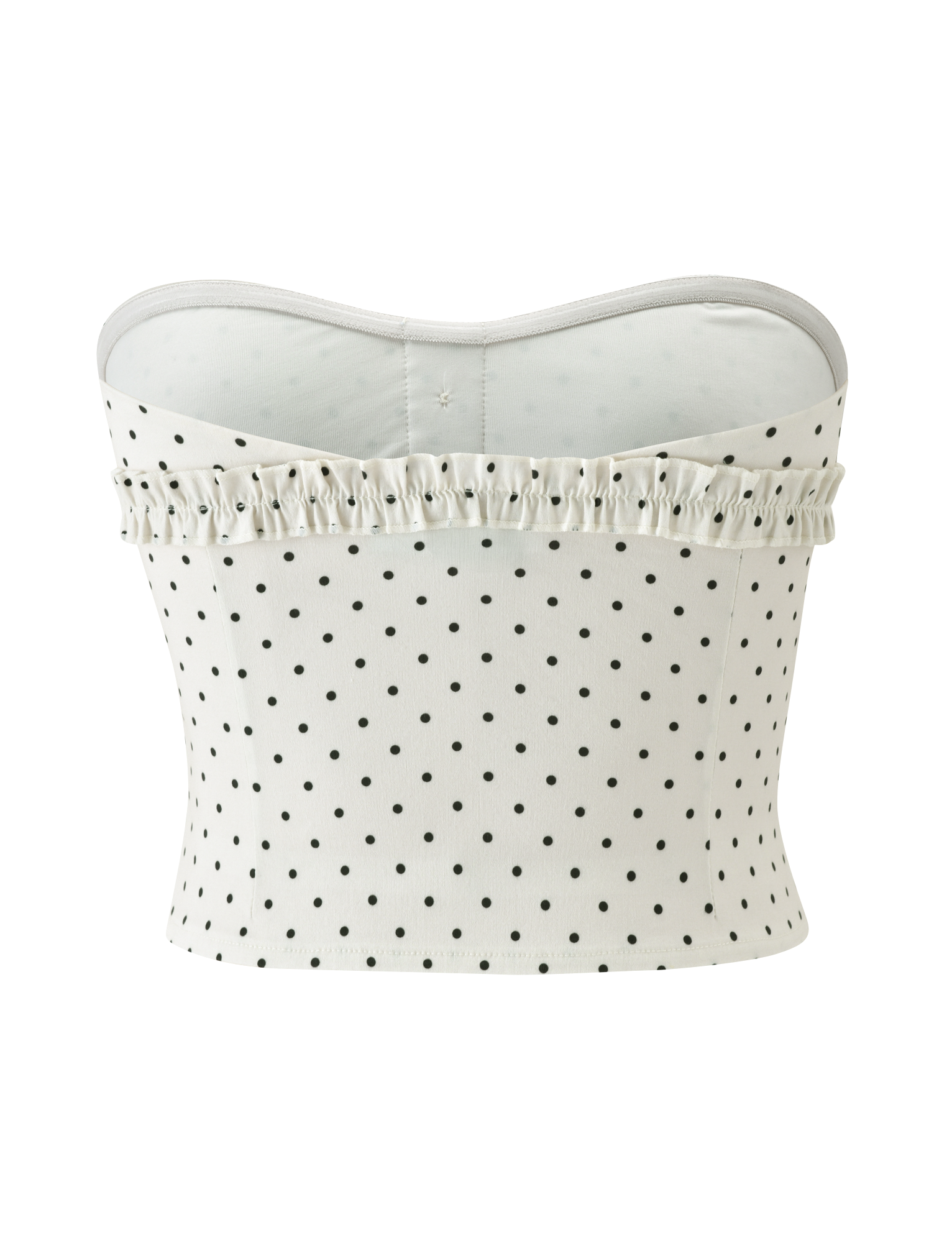 The KITTIE STRAPLESS CORSET - CREAM DOT by TIGERMIST features a white strapless design with black polka dots, ruffled trim at the top edge, and a subtle sweetheart neckline, displayed on a plain white background.