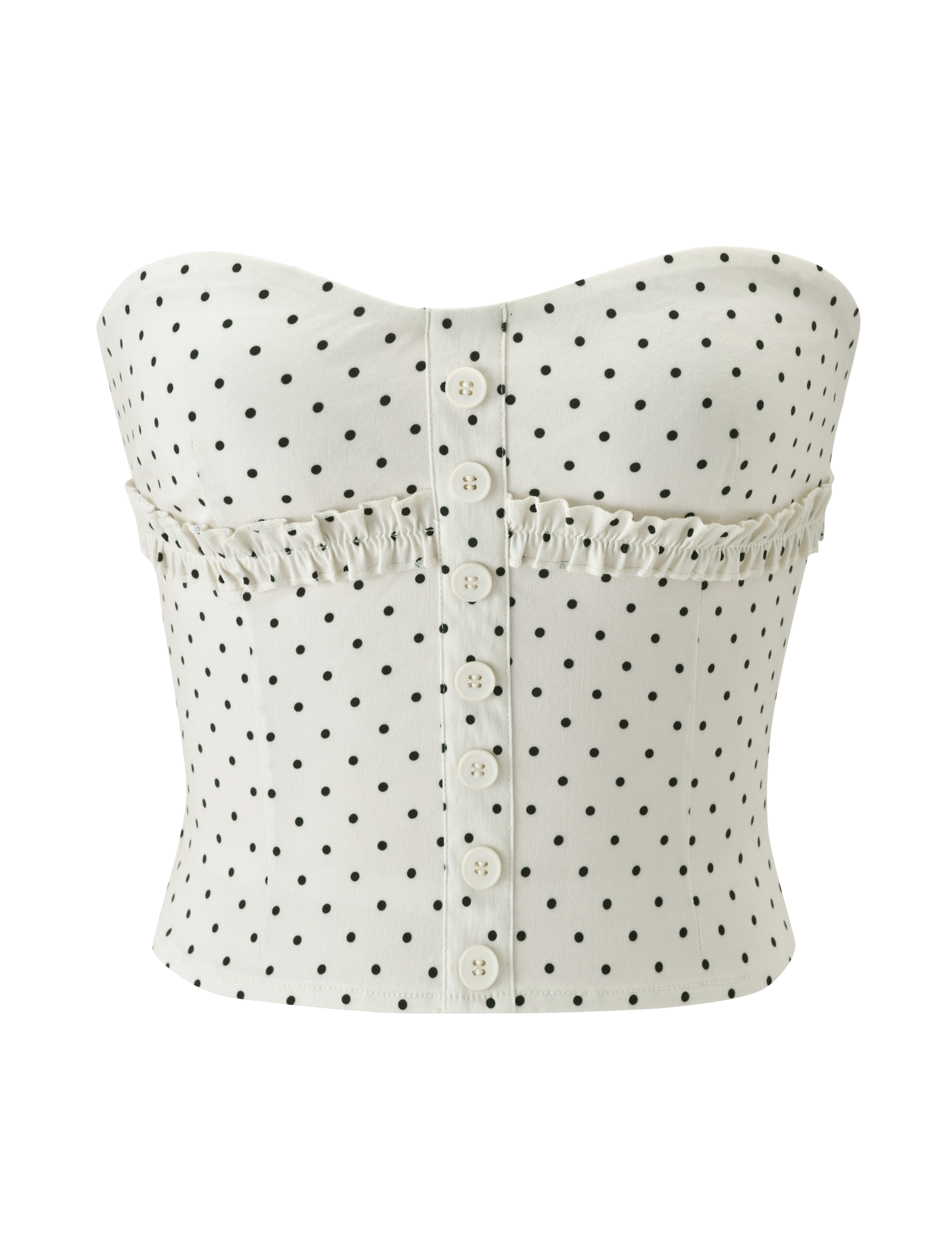 The TIGERMIST KITTIE STRAPLESS CORSET - CREAM DOT features a strapless, sweetheart neckline design with black polka dots, front button closure, and a playful horizontal ruffle across the chest.