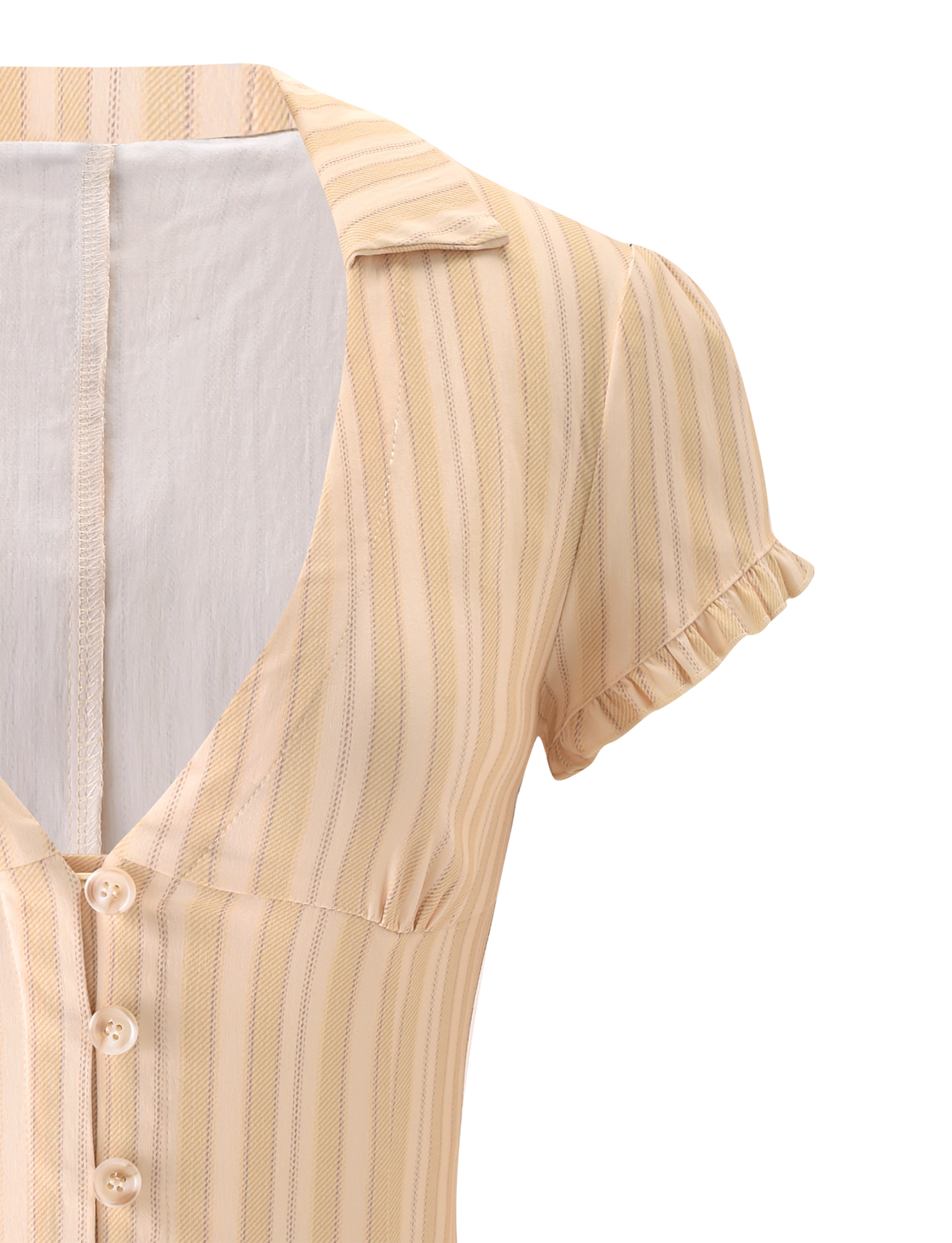 Close-up of the TIGERMIST KITTIE SHIRT in yellow stripe: a beige short sleeve button-down with vertical pastel stripes, a deep V-neckline, white buttons, collar, and ruffled sleeve edges, shown on a white background.