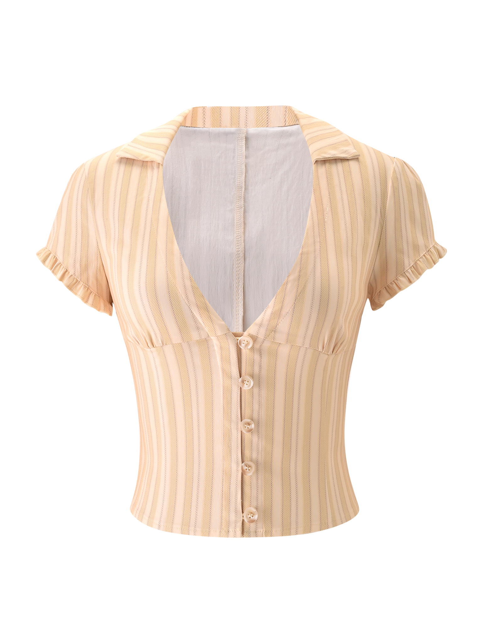 The KITTIE SHIRT - YELLOW STRIPE by TIGERMIST is a short-sleeved blouse with vertical yellow stripes, a fitted waist, small collar, deep V-neckline, ruffled edges, and front buttons for a stylish, chic look.