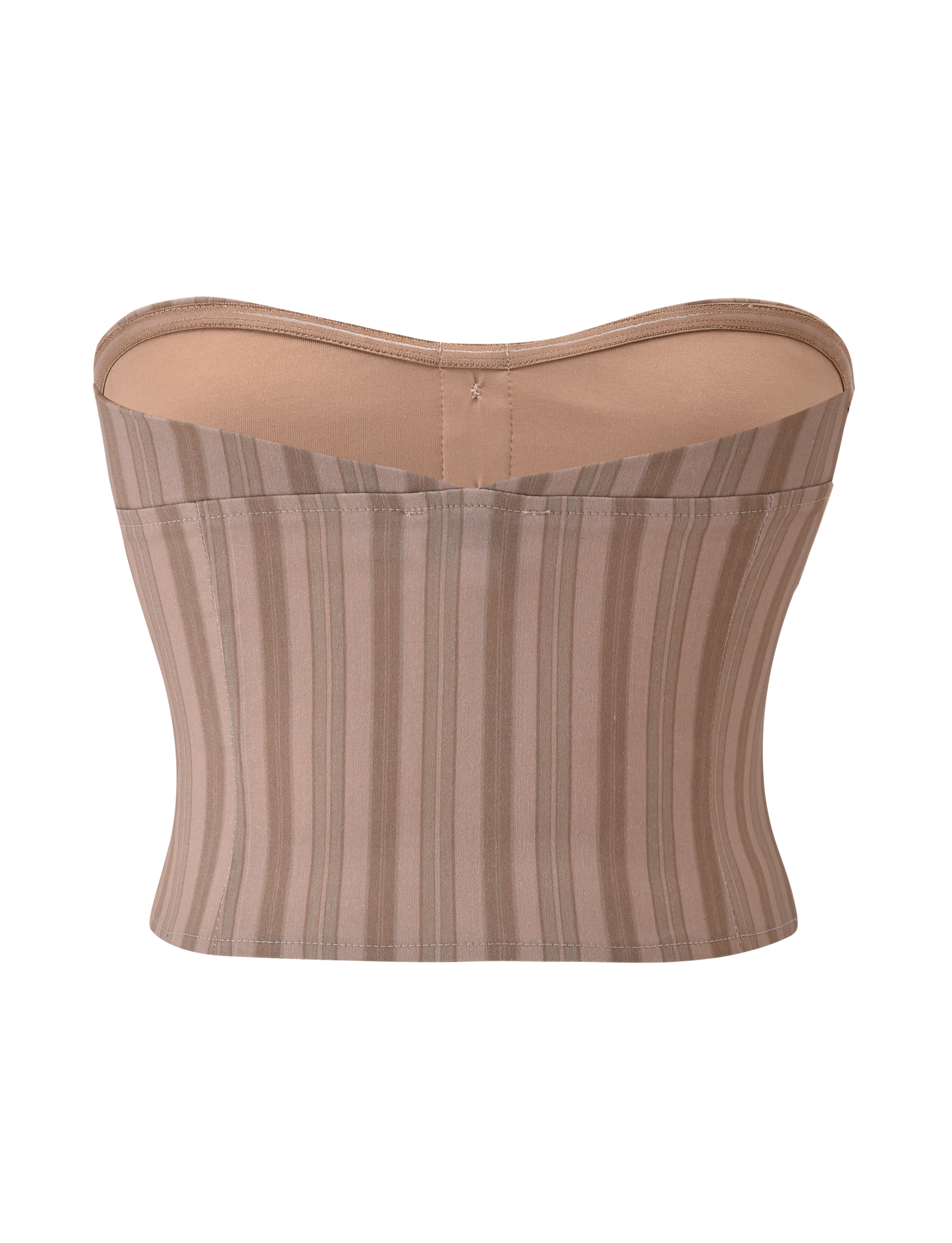 The KITTIE STRAPLESS CORSET - TAUPE STRIPE by TIGERMIST is a neutral strapless top with vertical sheer and opaque stripes, a sweetheart neckline, and a structured bodice, shown against a white background.