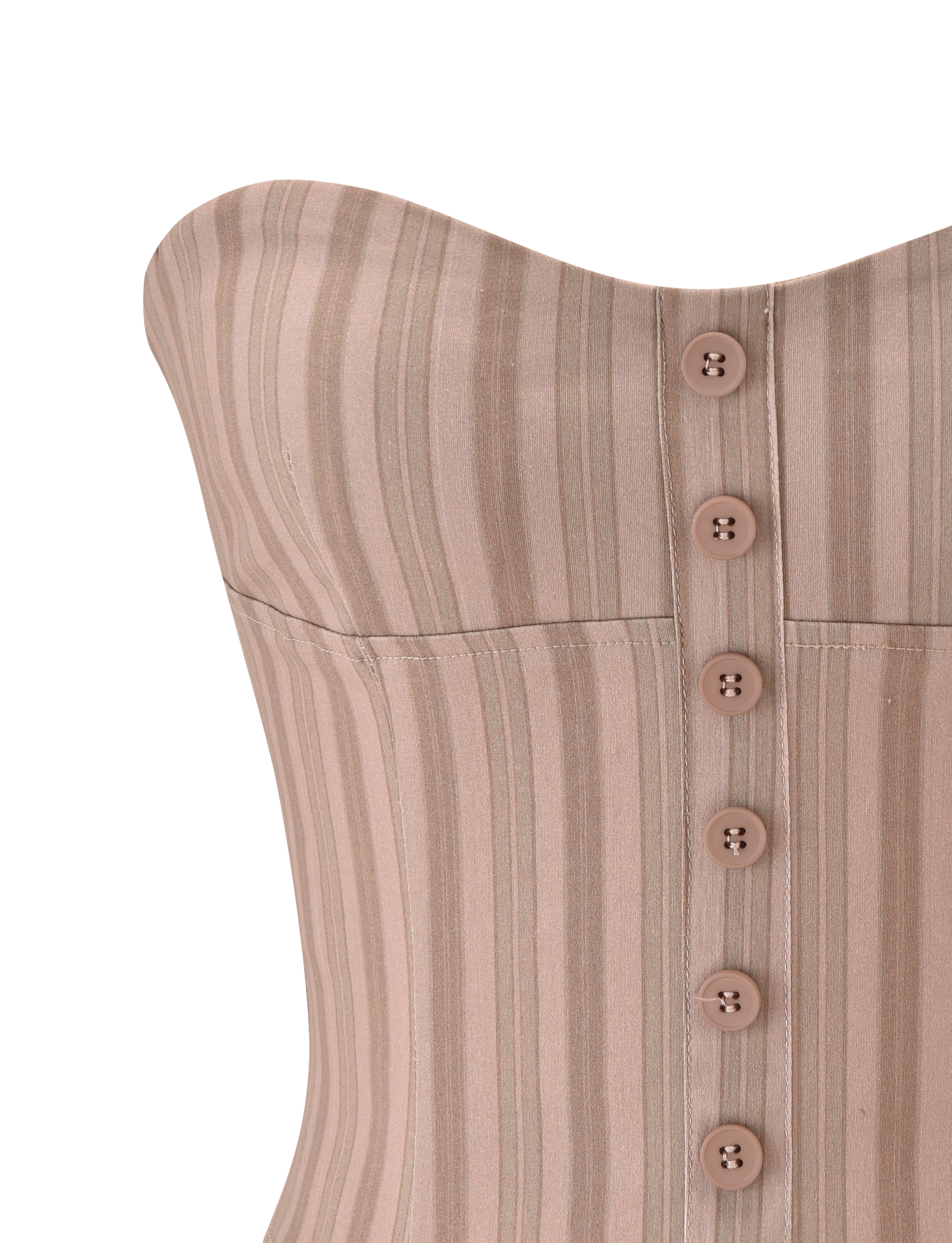 The KITTIE STRAPLESS CORSET by TIGERMIST features a taupe stripe design in stretch suiting fabric, with a strapless cut and six matching buttons down the front.