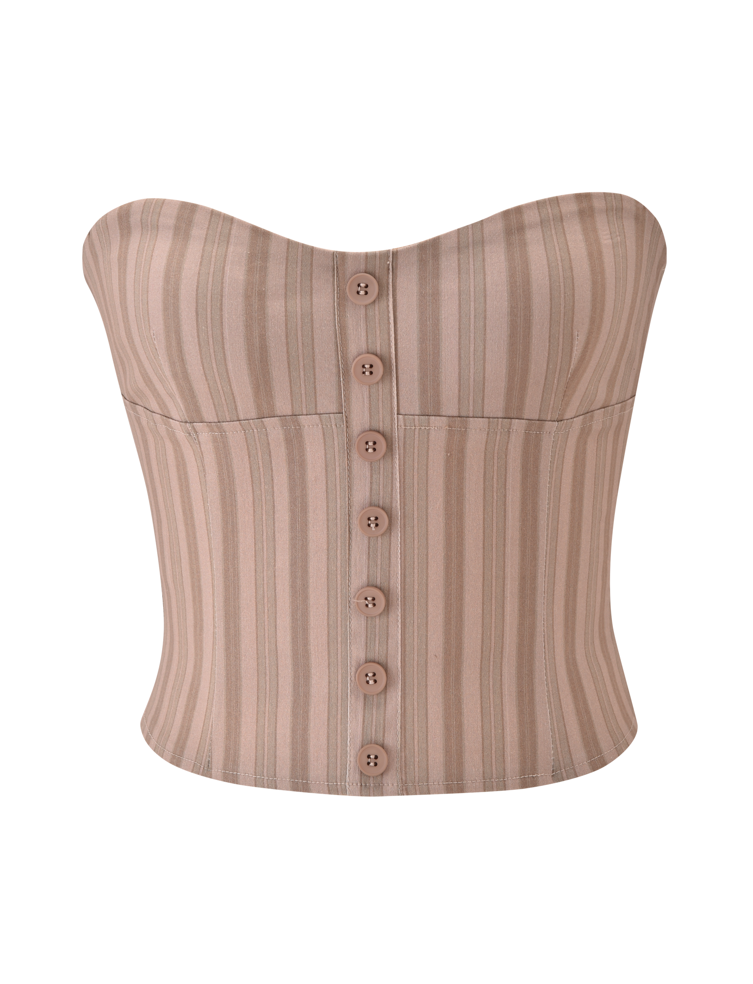 The TIGERMIST KITTIE STRAPLESS CORSET - TAUPE STRIPE is a neutral, striped stretch suiting top with front matching buttons, shown on a plain white background.