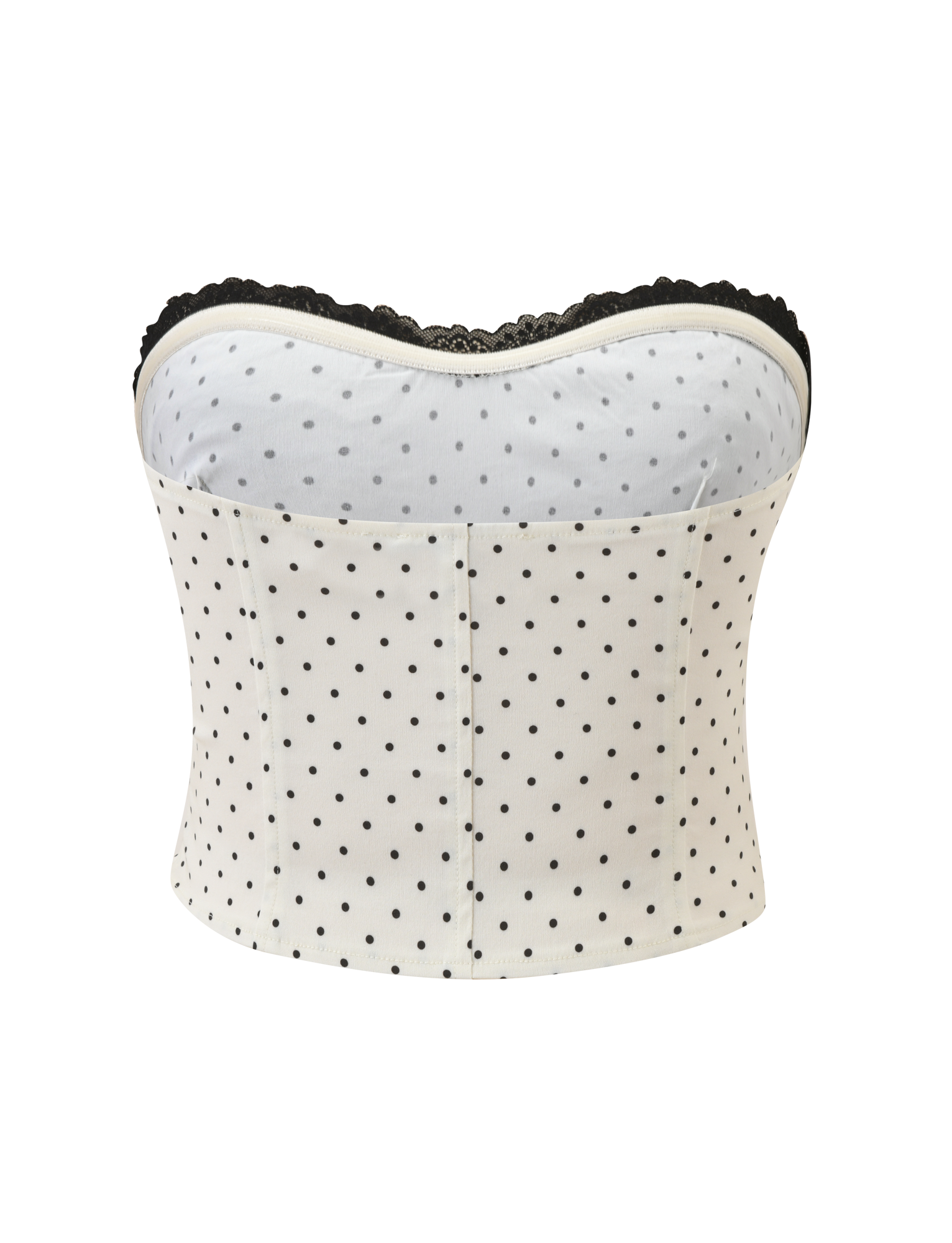 The TIGERMIST KITTIE LACE CORSET - CREAM DOT features a strapless cream design with playful polka dots and elegant black lace trim, shown against a white background.