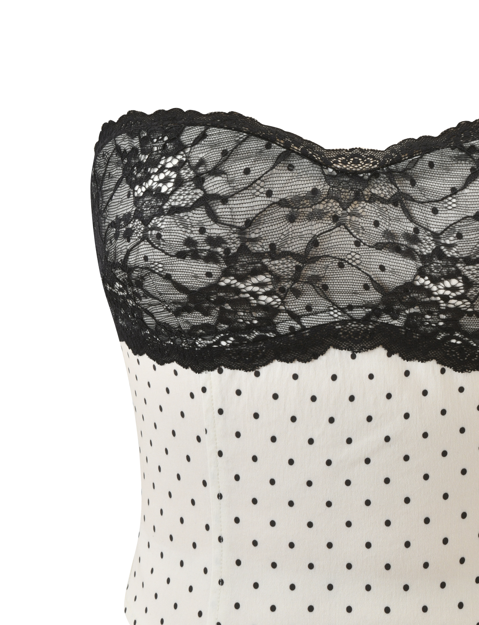 Close-up of the TIGERMIST KITTIE LACE CORSET - CREAM DOT, a strapless corset top with black lace trim and white polka dot print. Shown against a plain, light background.