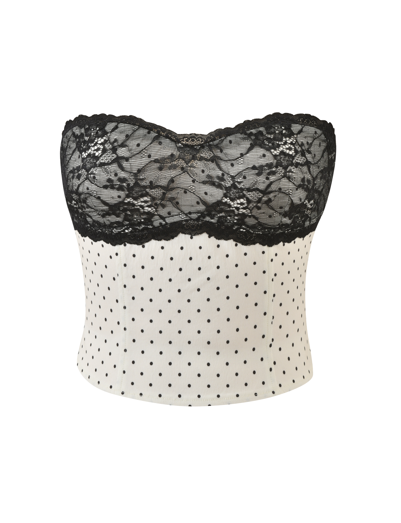 The TIGERMIST KITTIE LACE CORSET - CREAM DOT features a strapless design with a black floral lace overlay and a white lower half adorned with polka dots, plus scalloped edges for an elegant finish.