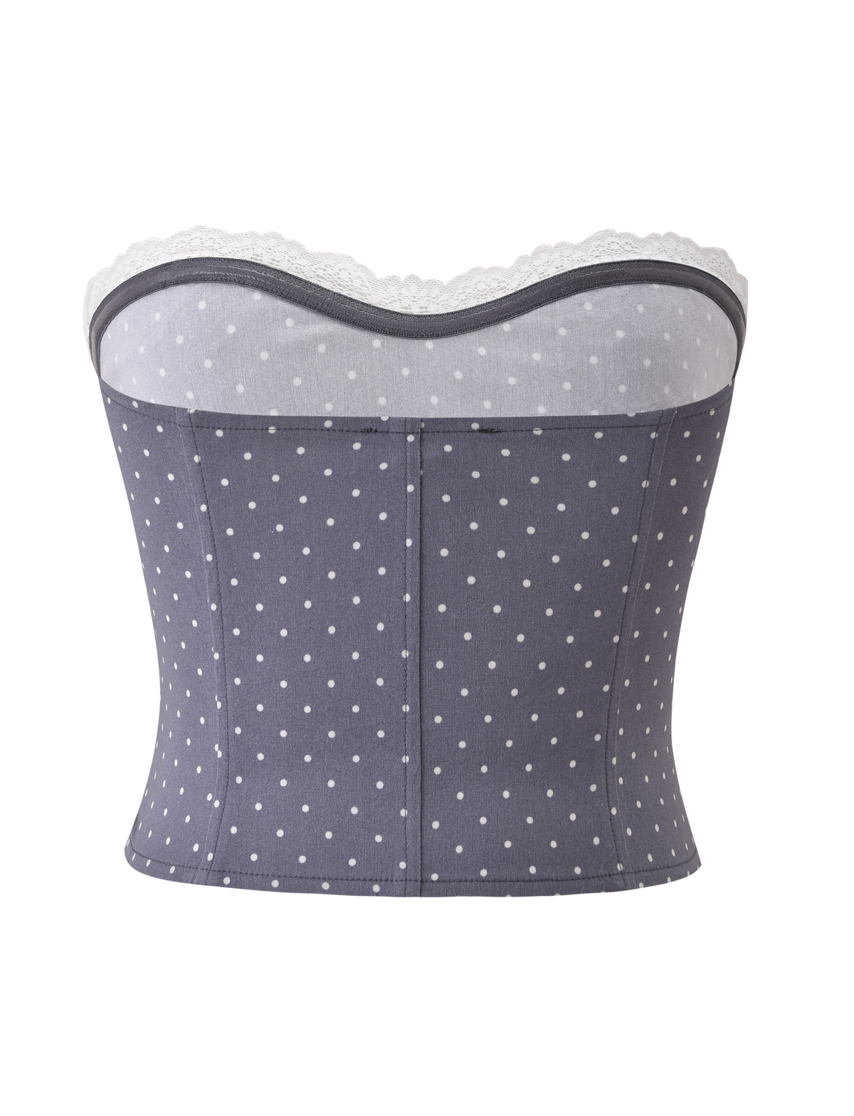 The KITTIE LACE CORSET - GREY DOT by TIGERMIST features a strapless gray design with white polka dots, boning for structure, and a scalloped white lace trim along the top edge, displayed from the back against a white background.