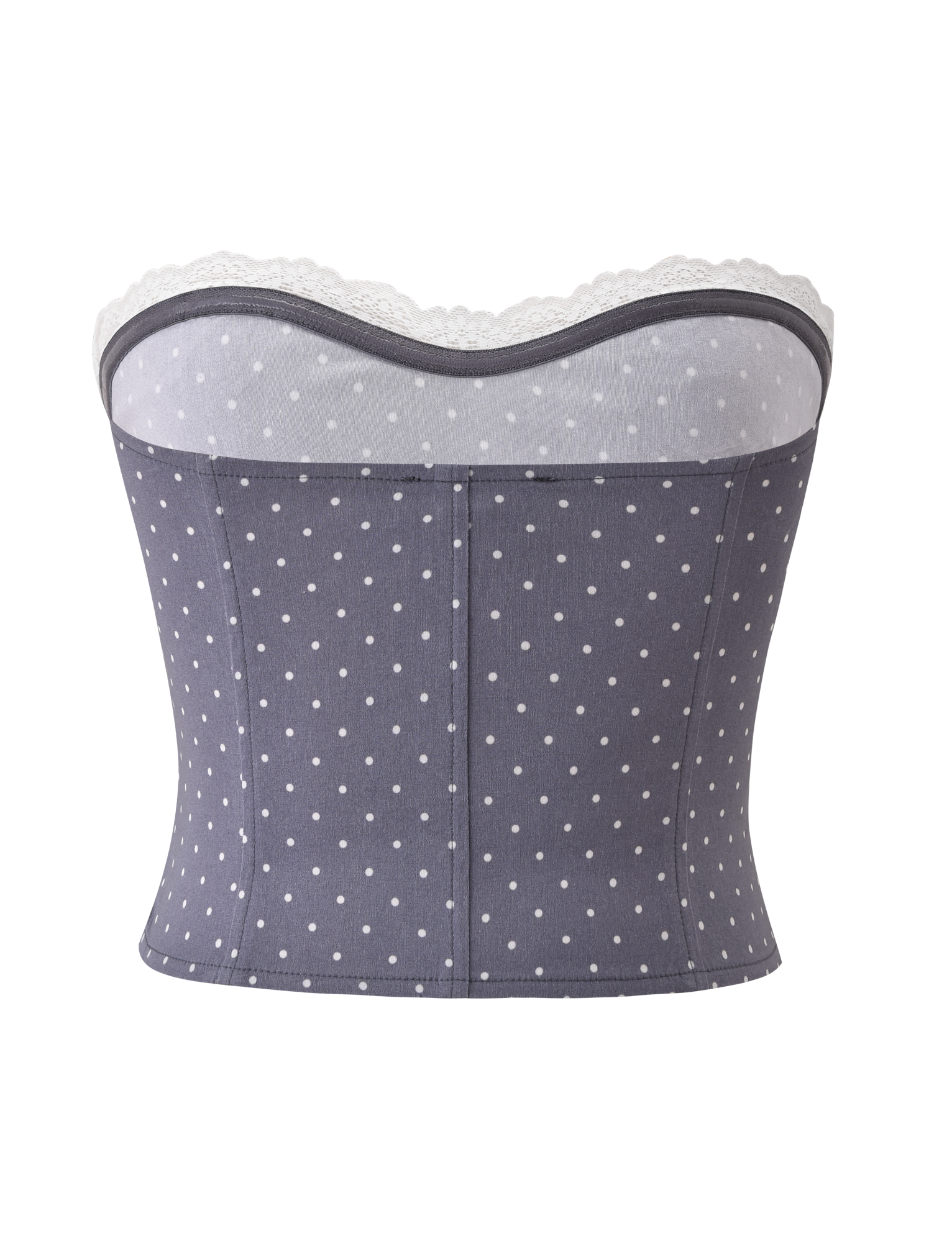The KITTIE LACE CORSET - GREY DOT by TIGERMIST features a strapless gray design with white polka dots, boning for structure, and a scalloped white lace trim along the top edge, displayed from the back against a white background.
