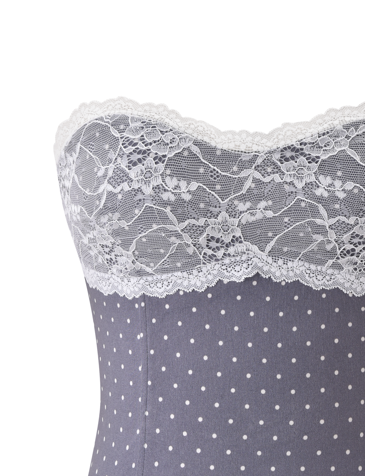 Close-up of the TIGERMIST KITTIE LACE CORSET - GREY DOT, featuring a gray strapless design with white polka dots and delicate white lace trim along the sweetheart neckline.