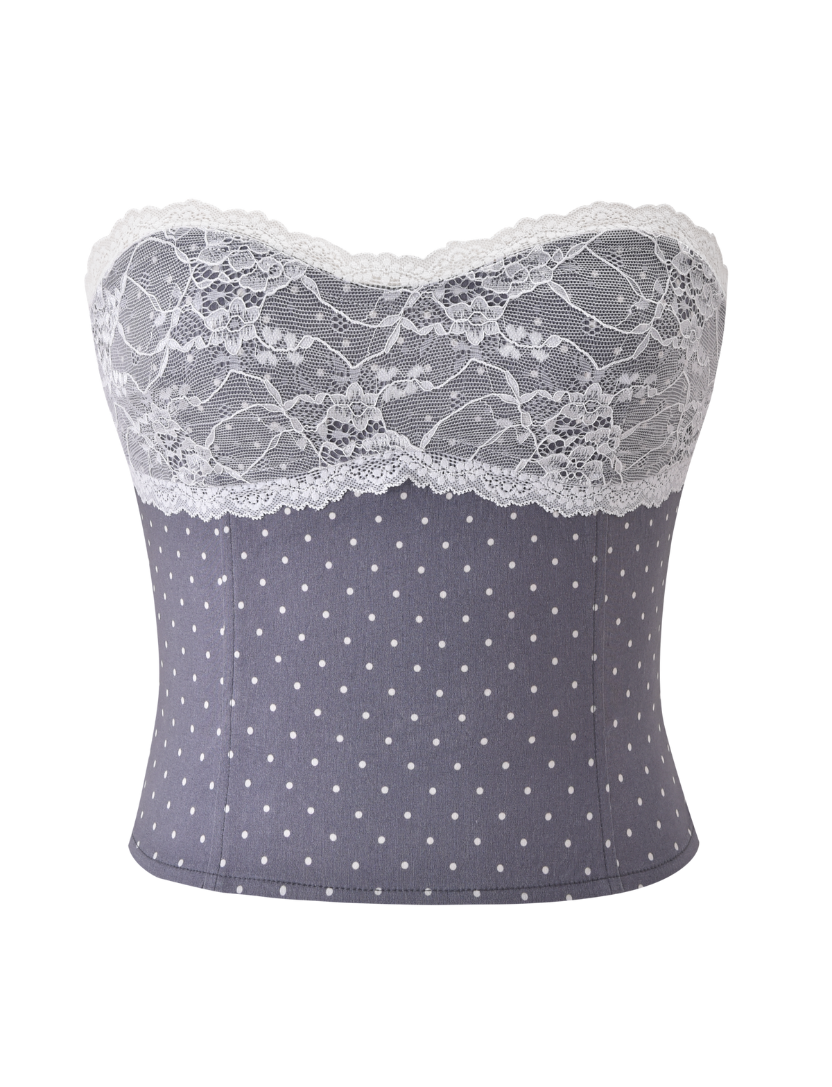 The TIGERMIST KITTIE LACE CORSET - GREY DOT is a strapless corset with a gray polka dot base, white floral lace band across the top, and a subtle sweetheart neckline for extra charm.
