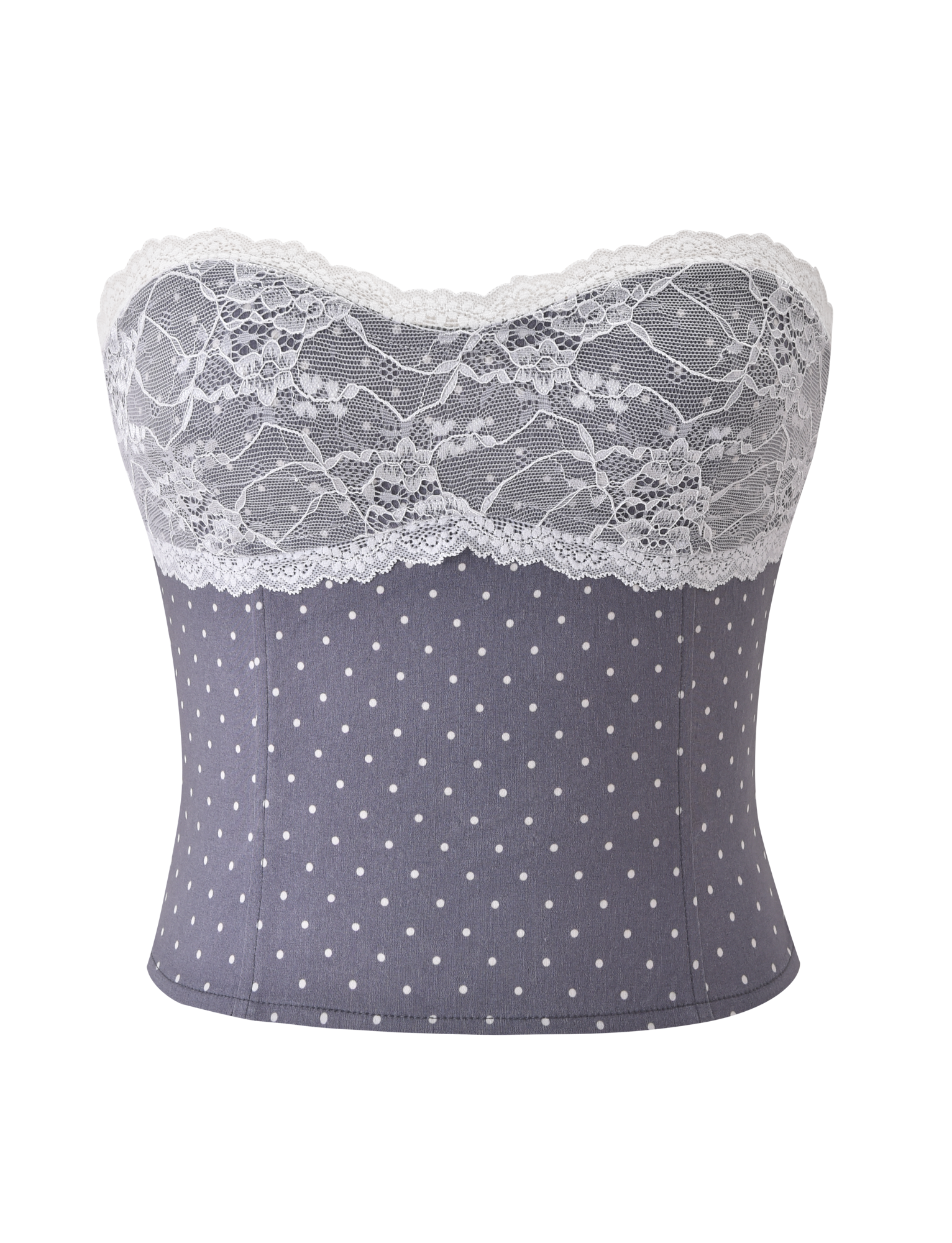 The TIGERMIST KITTIE LACE CORSET - GREY DOT is a strapless corset with a gray polka dot base, white floral lace band across the top, and a subtle sweetheart neckline for extra charm.