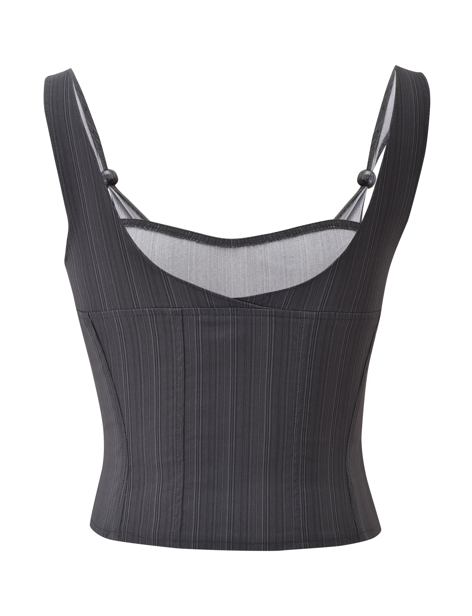 The KITTIE CORSET - GREY STRIPE by TIGERMIST is a sleeveless, charcoal gray striped bustier top with wide shoulder straps and a curved neckline, displayed against a plain white background.