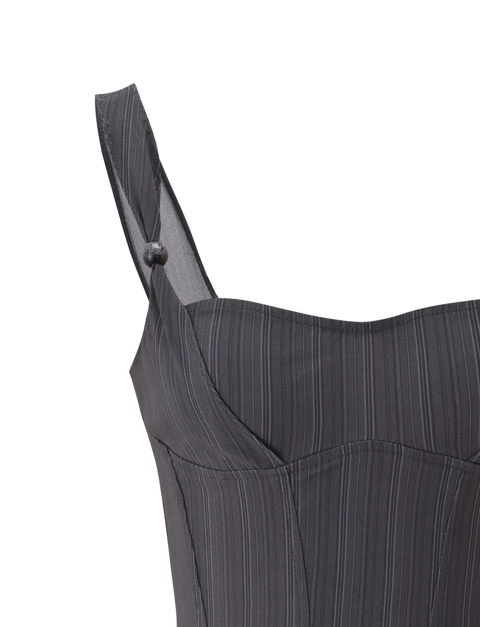 Close-up of the TIGERMIST KITTIE CORSET - GREY STRIPE, featuring dark grey pinstriped Kittie fabric, a structured bodice, wide shoulder strap, and a small button detail, set against a plain white background.