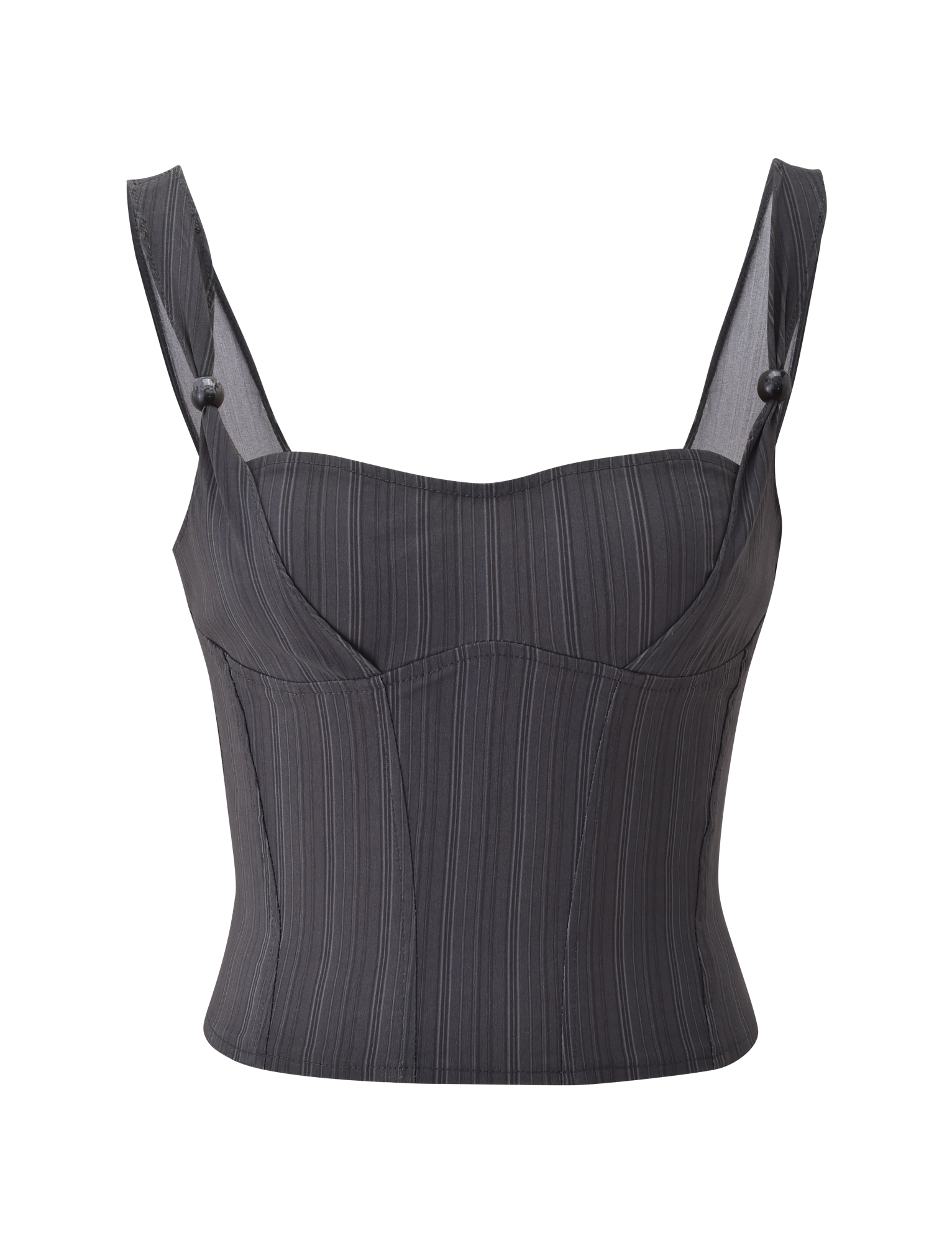 The TIGERMIST KITTIE CORSET - GREY STRIPE is a pinstriped, corset-style top with wide straps, decorative buttons, contoured seams, and a structured fit, shown against a plain white background.