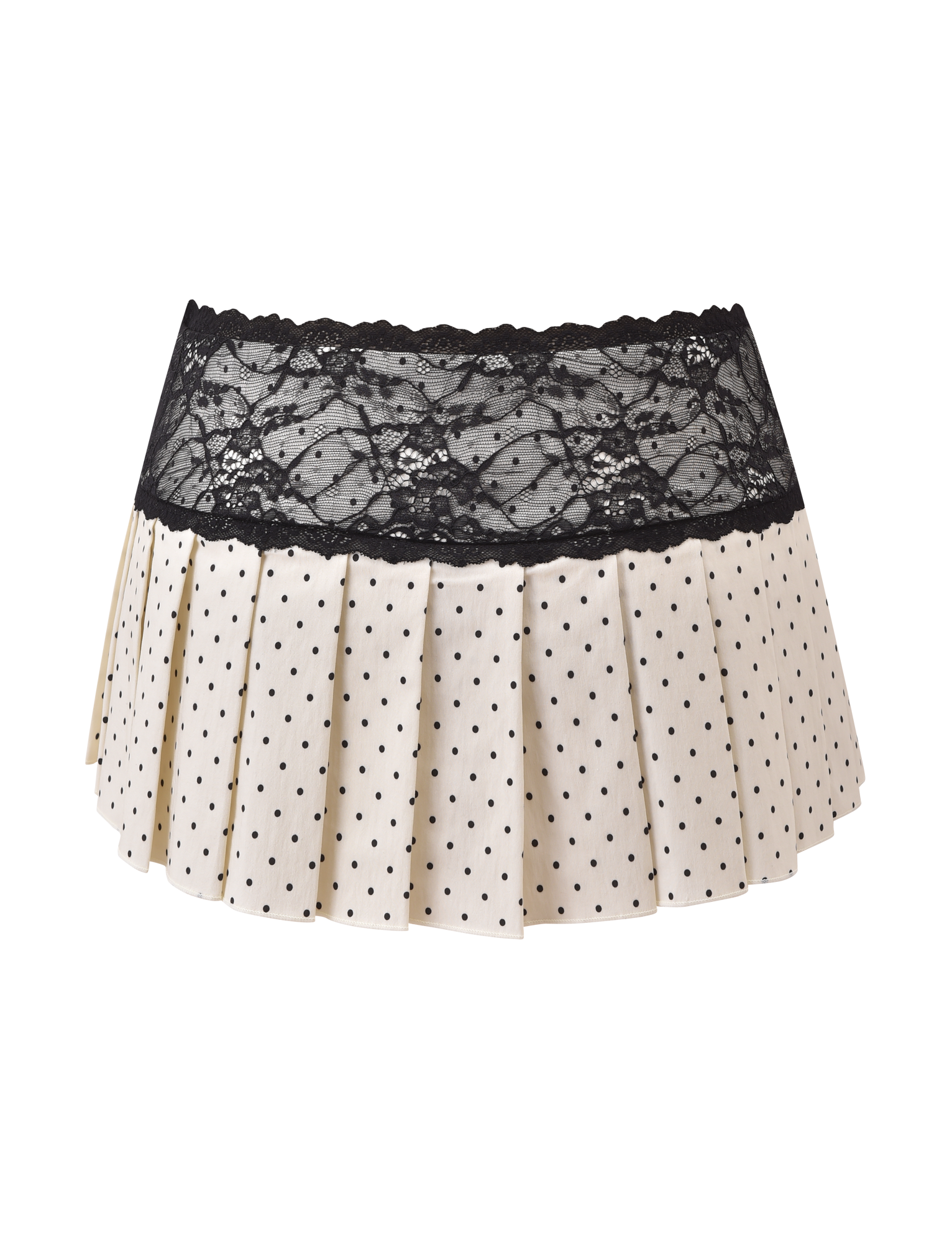 The KITTIE LACE SKORT - CREAM DOT by TIGERMIST features a cream pleated mini design with playful polka dots and a wide black lace waistband, crafted from stretch suiting fabric and shown against a plain white background.