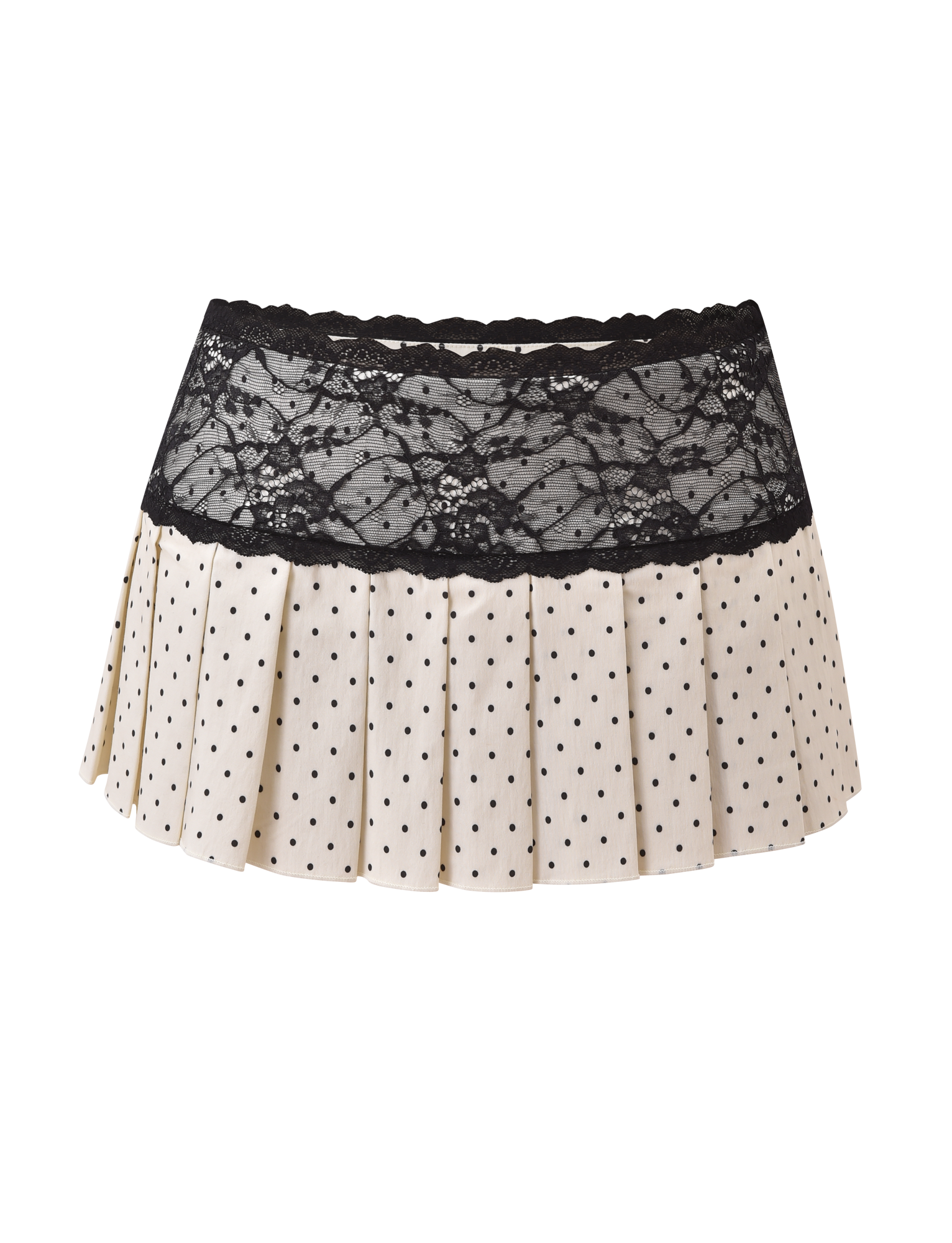 The TIGERMIST KITTIE LACE SKORT - CREAM DOT features a cream pleated mini design with playful polka dots, a wide black lace waistband, and stretch suiting fabric, shown on a plain white background.