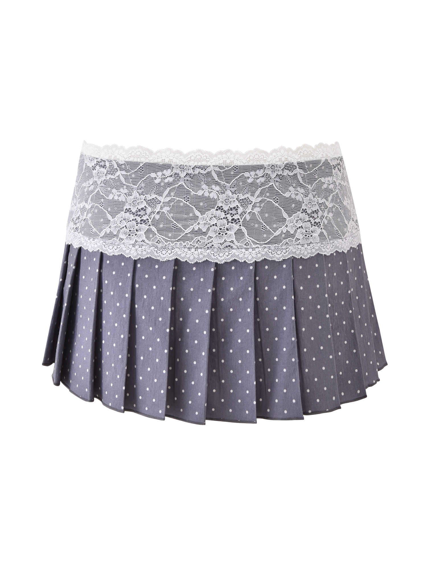 The TIGERMIST KITTIE LACE SKORT - GREY DOT is a gray stretch suiting pleated mini skort with a polka dot print and a wide white lace waistband, shown against a plain white background.