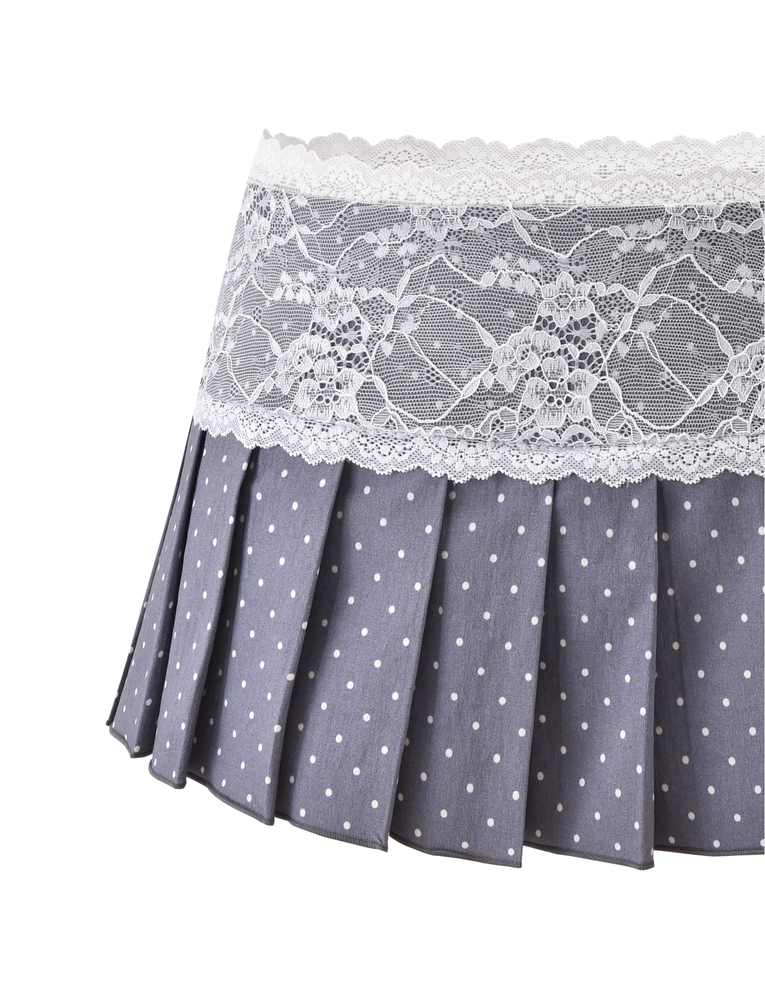 The KITTIE LACE SKORT - GREY DOT by TIGERMIST is a grey pleated mini skort with a playful white polka dot print and a wide, decorative white lace trim on the waistband.