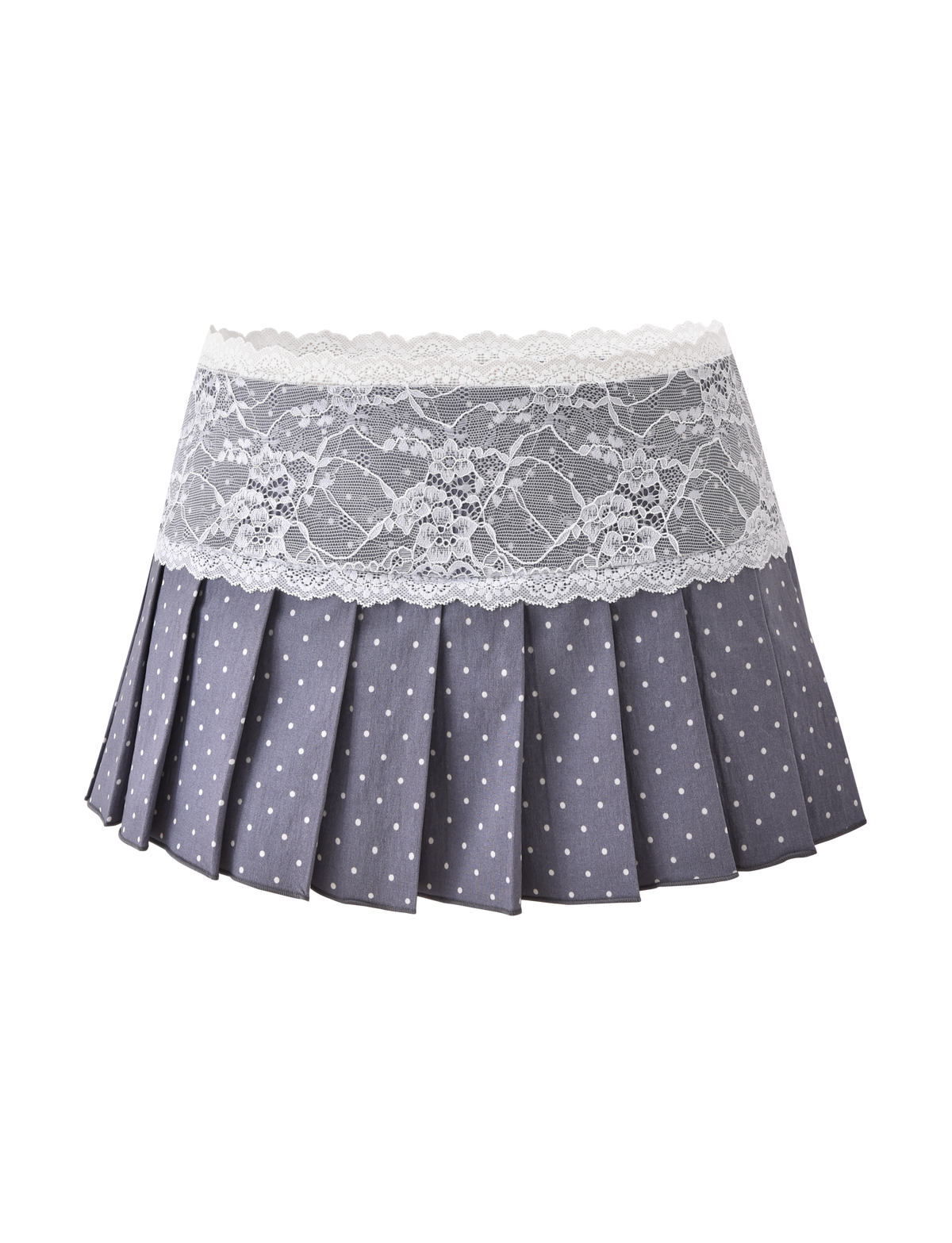 The KITTIE LACE SKORT - GREY DOT by TIGERMIST is a pleated gray mini skort with polka dots and a wide white lace band at the top, made from stretch suiting fabric and shown on a plain white background.