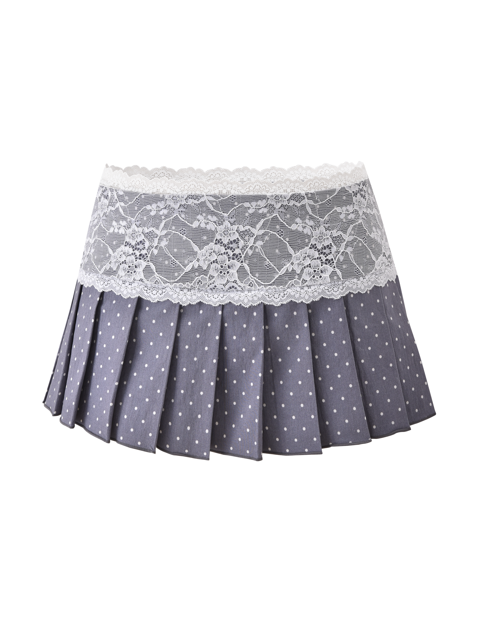 The KITTIE LACE SKORT - GREY DOT by TIGERMIST is a pleated gray mini skort with polka dots and a wide white lace band at the top, made from stretch suiting fabric and shown on a plain white background.