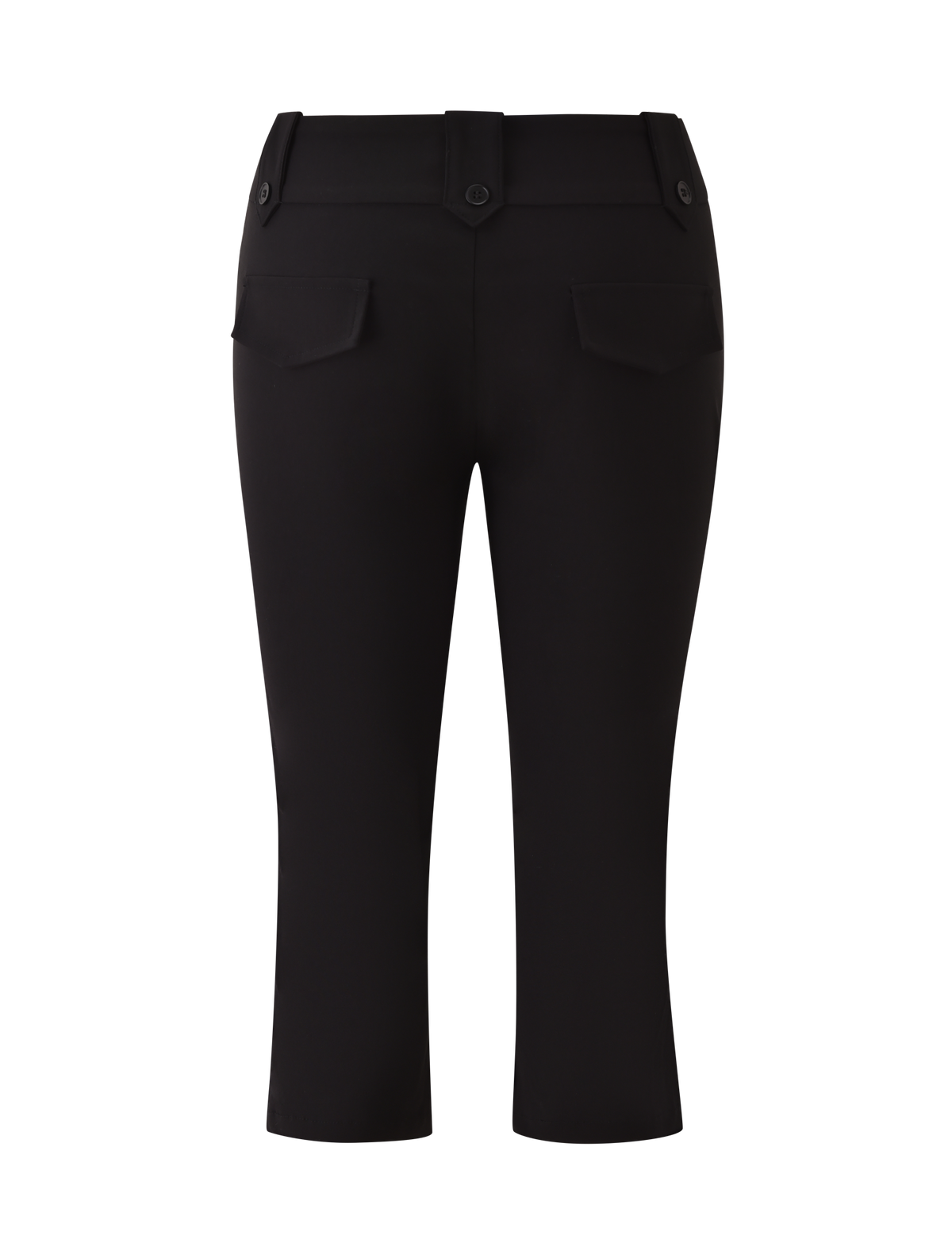 Back view of the TIGERMIST KITTIE CAPRI - BLACK in stretch suiting fabric with two buttoned flap pockets, belt loops, and a wide crossover waistband, shown on a plain white background.