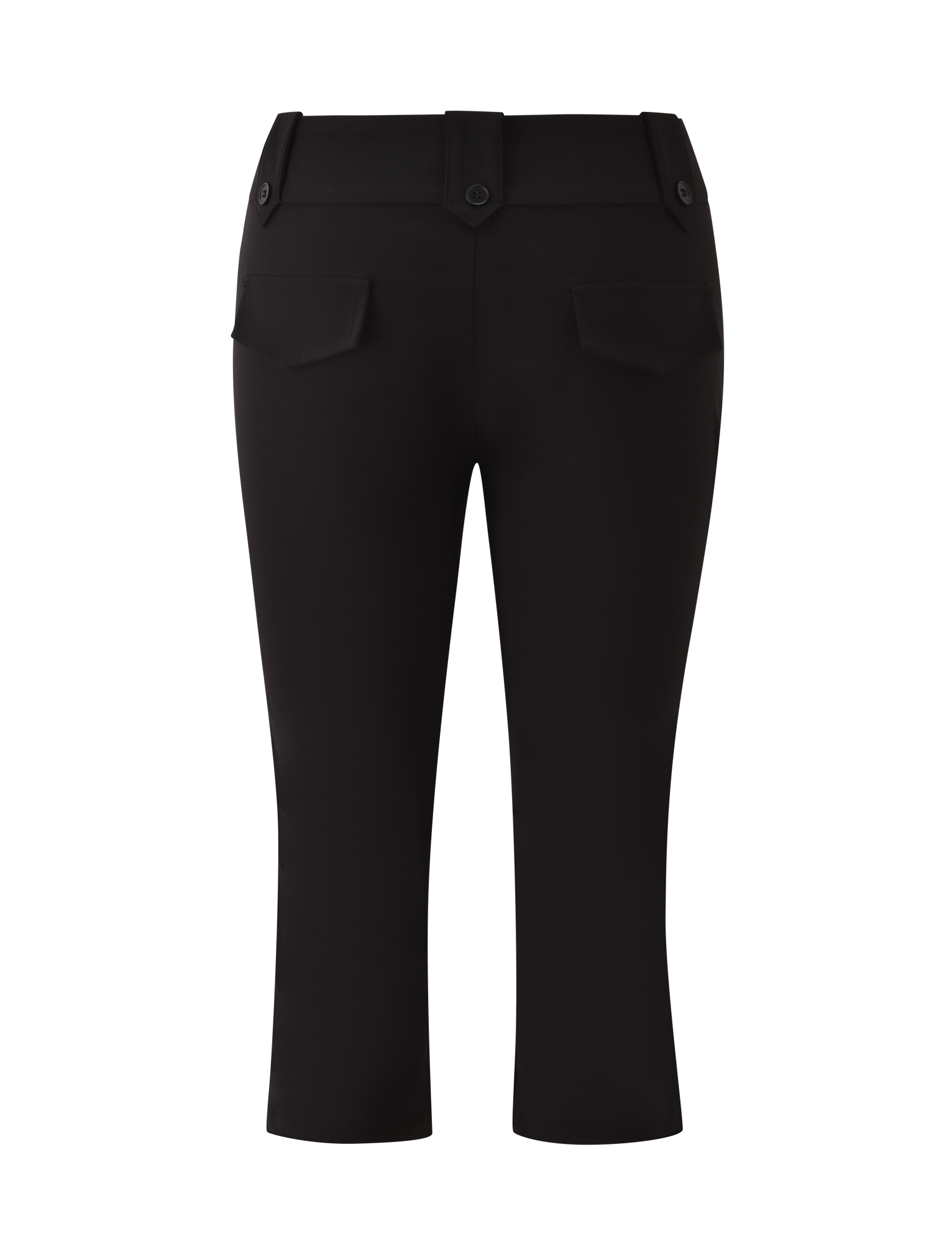 Back view of the TIGERMIST KITTIE CAPRI - BLACK in stretch suiting fabric with two buttoned flap pockets, belt loops, and a wide crossover waistband, shown on a plain white background.