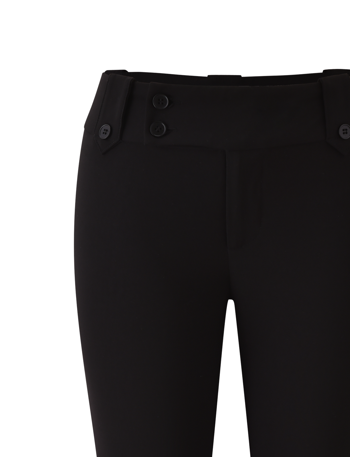 Close-up of TIGERMIST's KITTIE CAPRI - BLACK, showcasing a wide crossover waistband with decorative black buttons and belt loops, crafted from stretch suiting fabric, displayed on a plain white background.