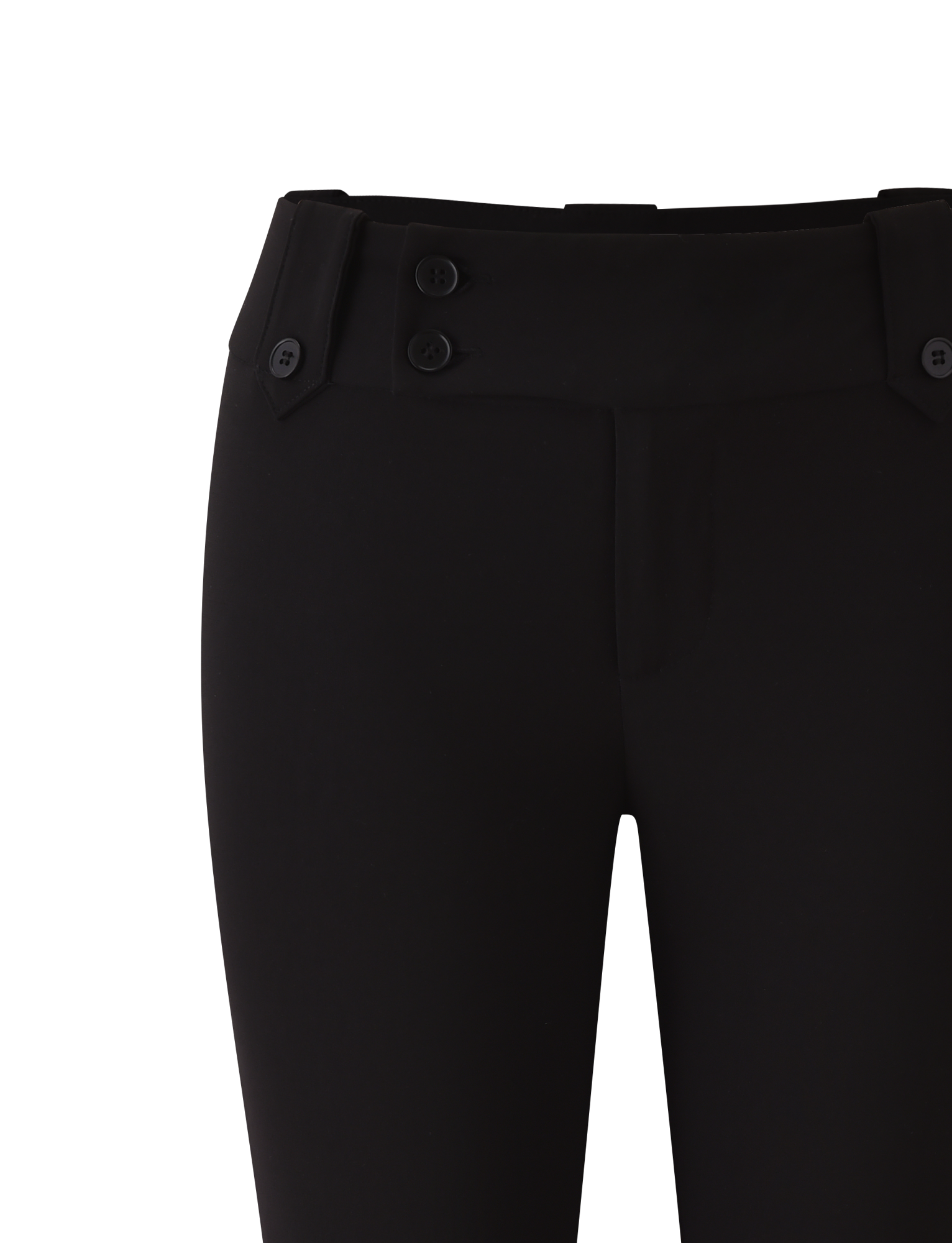 Close-up of TIGERMIST's KITTIE CAPRI - BLACK, showcasing a wide crossover waistband with decorative black buttons and belt loops, crafted from stretch suiting fabric, displayed on a plain white background.