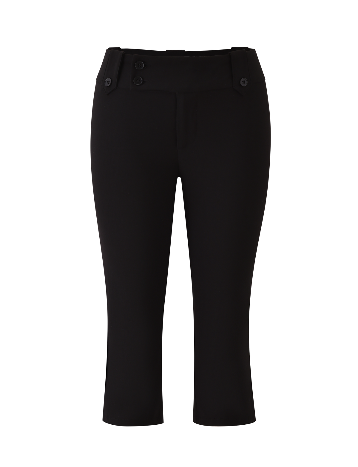 The TIGERMIST KITTIE CAPRI - BLACK features a straight-leg fit in stretch suiting fabric, wide crossover waistband, two front buttons, belt loops, and side button details. Shown on a plain white background.
