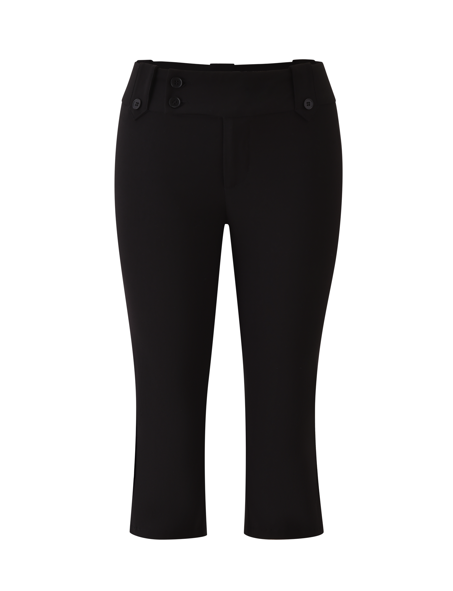 The TIGERMIST KITTIE CAPRI - BLACK features a straight-leg fit in stretch suiting fabric, wide crossover waistband, two front buttons, belt loops, and side button details. Shown on a plain white background.