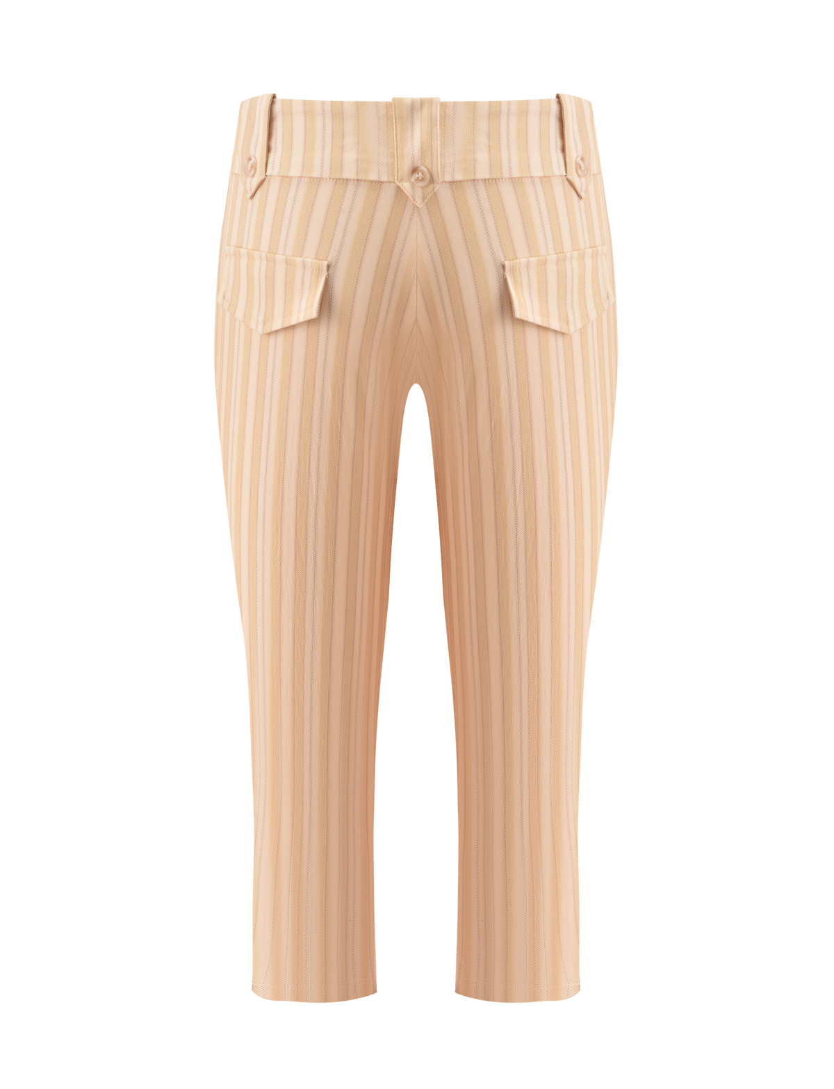 TIGERMIST's KITTIE CAPRI - YELLOW STRIPE pants feature beige and light tan vertical stripes, stretch suiting fabric, high waist, front button closure, belt loops, cropped length, and two back flap pockets.