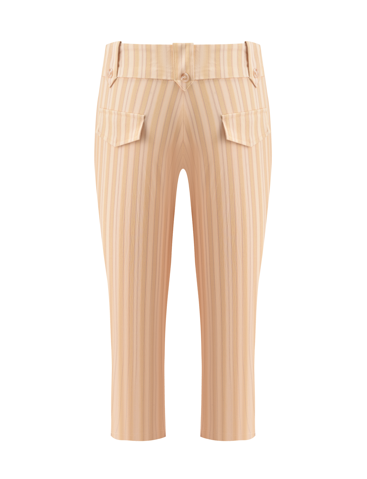 TIGERMIST's KITTIE CAPRI - YELLOW STRIPE pants feature beige and light tan vertical stripes, stretch suiting fabric, high waist, front button closure, belt loops, cropped length, and two back flap pockets.