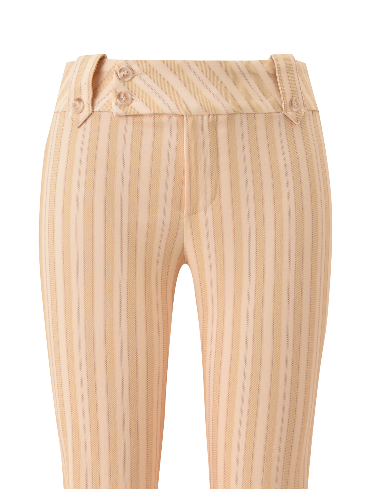 The TIGERMIST KITTIE CAPRI - YELLOW STRIPE pants feature a high waist, vertical yellow stripes, a distinctive overlapping waistband with dual side buttons, and are crafted from stretch suiting fabric for a tailored, slim fit.
