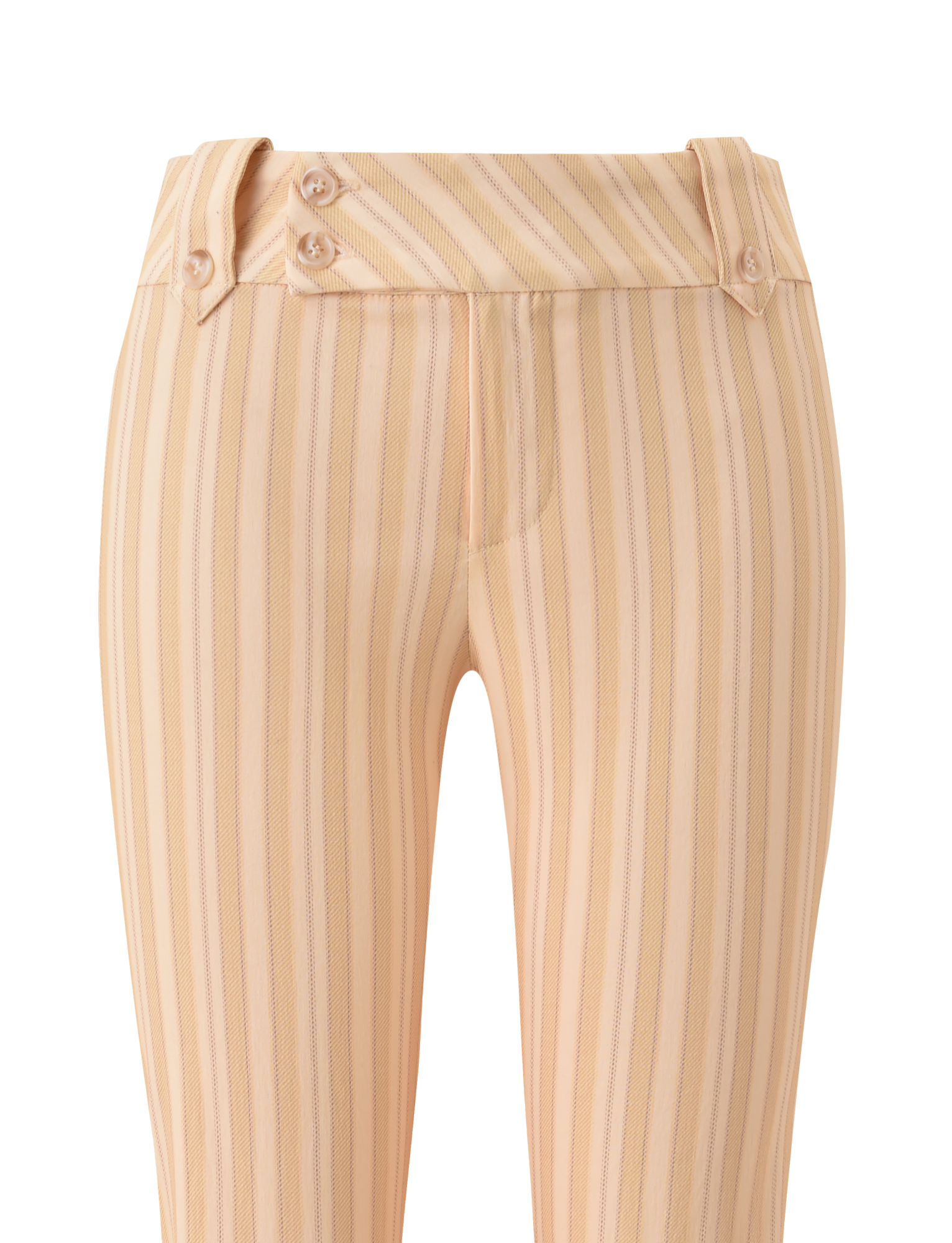 The TIGERMIST KITTIE CAPRI - YELLOW STRIPE pants feature a high waist, vertical yellow stripes, a distinctive overlapping waistband with dual side buttons, and are crafted from stretch suiting fabric for a tailored, slim fit.