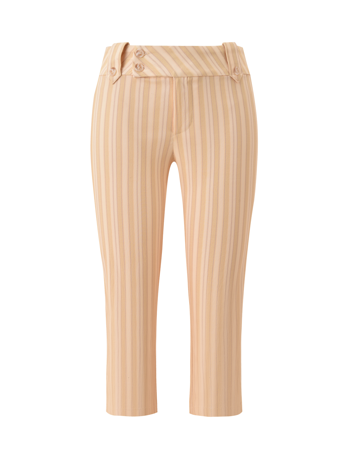 The TIGERMIST KITTIE CAPRI - YELLOW STRIPE pants feature yellow and cream vertical stripes, a stretch suiting fabric, high waist, button details, and a fitted cropped silhouette, shown against a plain white background.