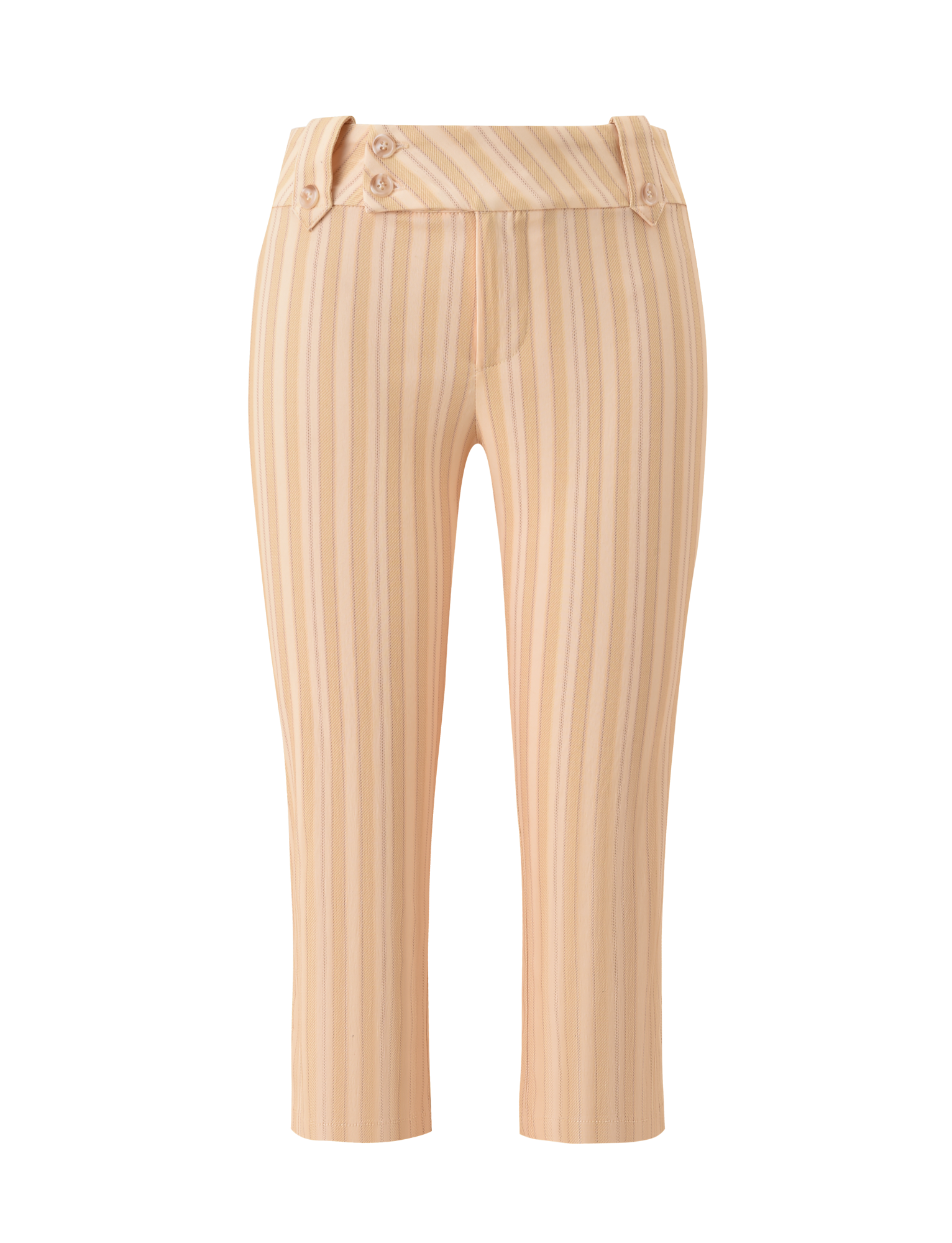 The TIGERMIST KITTIE CAPRI - YELLOW STRIPE pants feature yellow and cream vertical stripes, a stretch suiting fabric, high waist, button details, and a fitted cropped silhouette, shown against a plain white background.