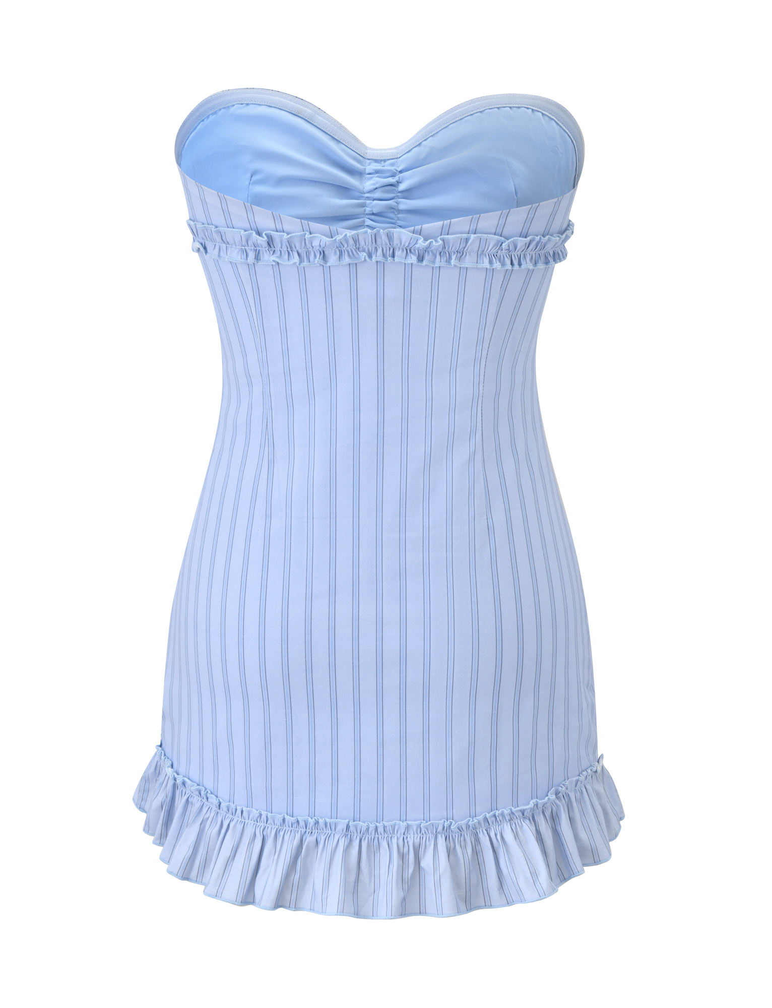 The KITTIE STRAPLESS DRESS - BLUE STRIPE by TIGERMIST is a strapless mini dress featuring vertical blue pinstripes, ruched bust, ruffled hem and neckline, and a flattering sweetheart neckline for a fitted silhouette.