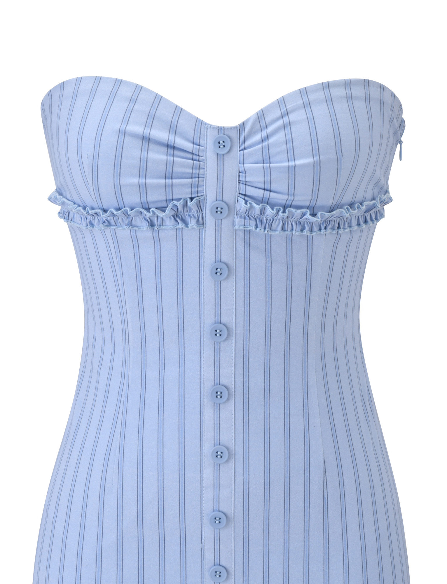 The KITTIE STRAPLESS DRESS - BLUE STRIPE by TIGERMIST features a light blue striped design, sweetheart neckline, vertical white stripes, front button closure, and a ruffle detail under the bust.