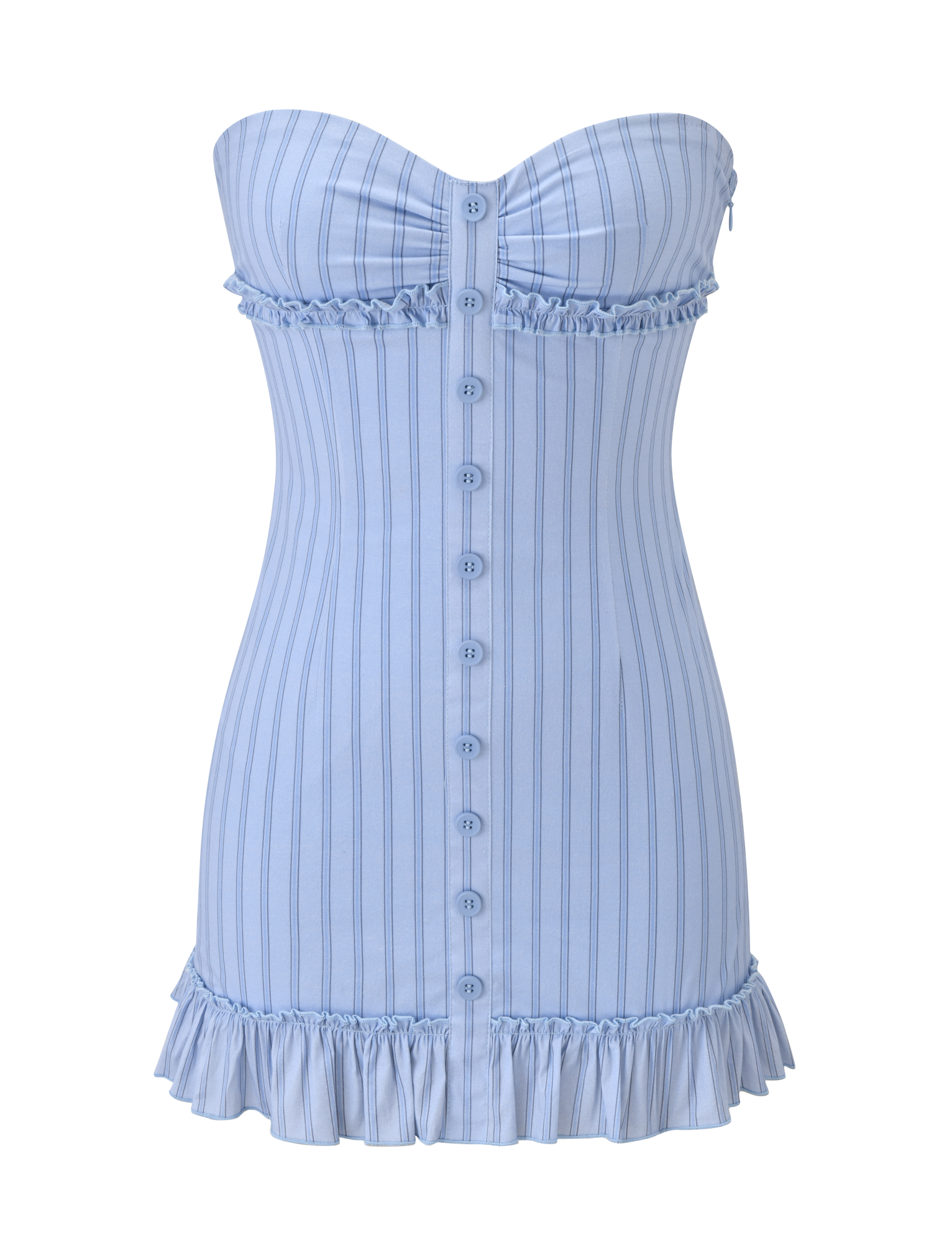 The TIGERMIST KITTIE STRAPLESS DRESS - BLUE STRIPE is a light blue mini dress with vertical pinstripes, a button-down front, ruffled trim at the top and hem, and a fitted strapless silhouette.