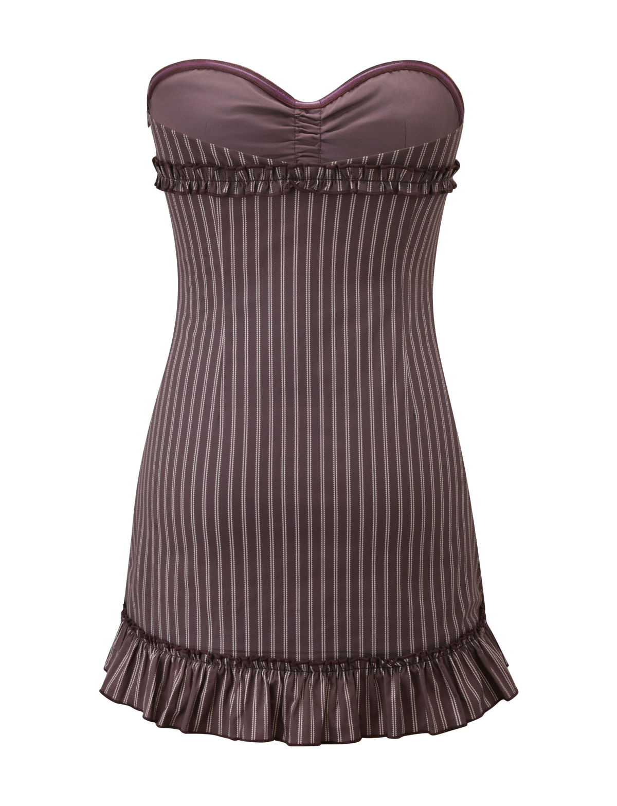 The KITTIE STRAPLESS DRESS by TIGERMIST features brown and cream vertical stripes, a sweetheart neckline, ruffle trim at the top and bottom hems, and a subtle sheen. Displayed on a plain white background.