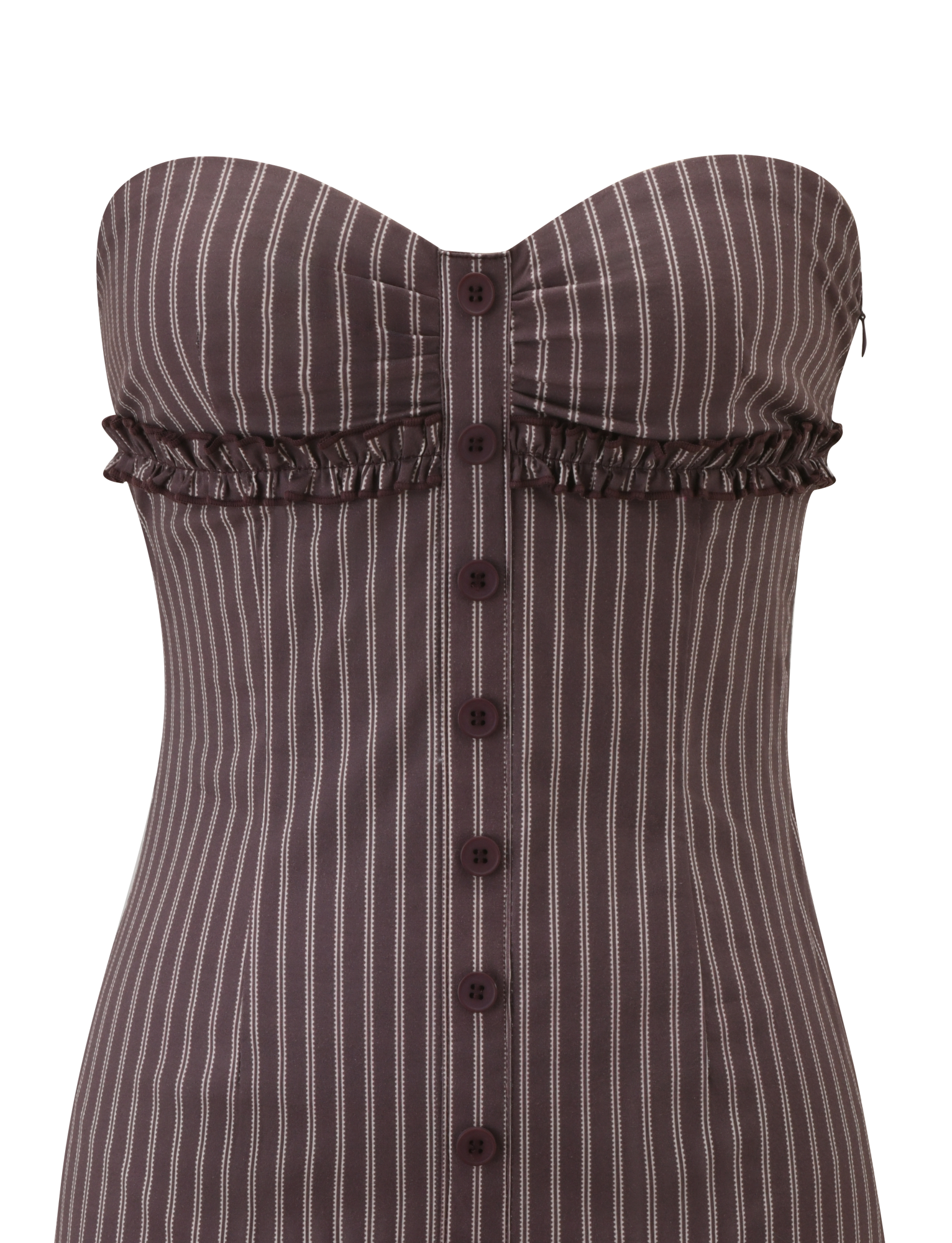 The KITTIE STRAPLESS DRESS by TIGERMIST features brown and cream vertical stripes, a sweetheart neckline, front button closure, ruffled trim under the bust, and a fitted, structured silhouette for a chic look.