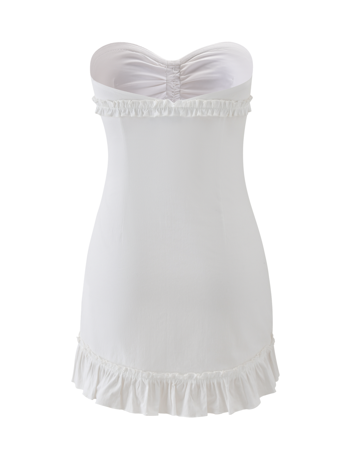 The TIGERMIST KITTIE STRAPLESS DRESS in white features a sweetheart neckline, ruffle details at the top and hem, and a cinched mini silhouette, shown on a plain white background.