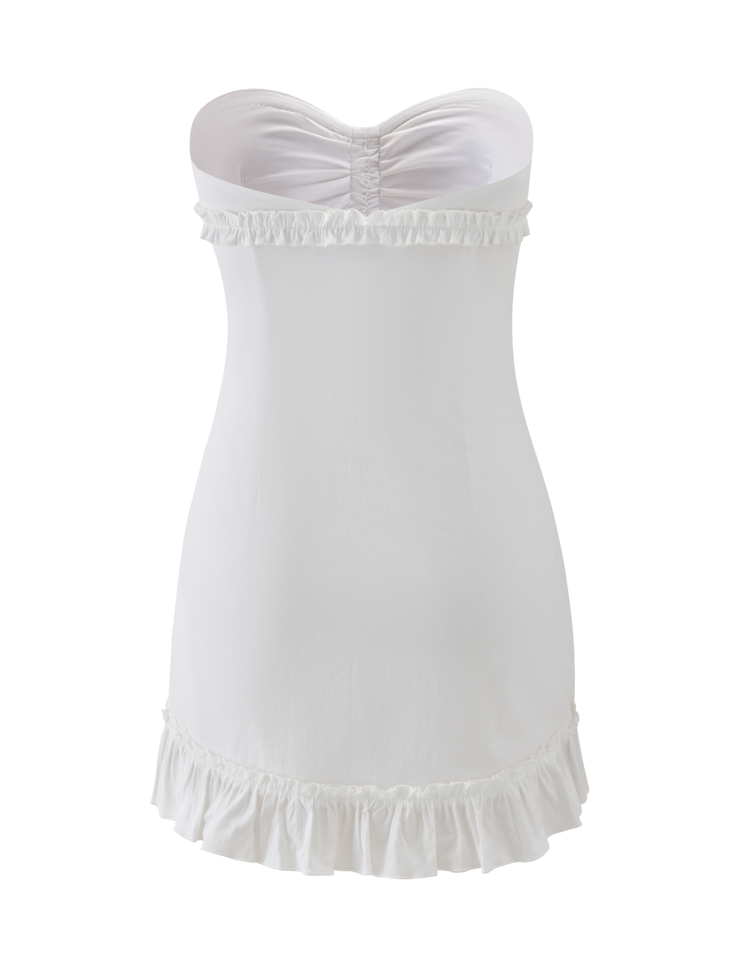 The TIGERMIST KITTIE STRAPLESS DRESS in white features a sweetheart neckline, ruffle details at the top and hem, and a cinched mini silhouette, shown on a plain white background.