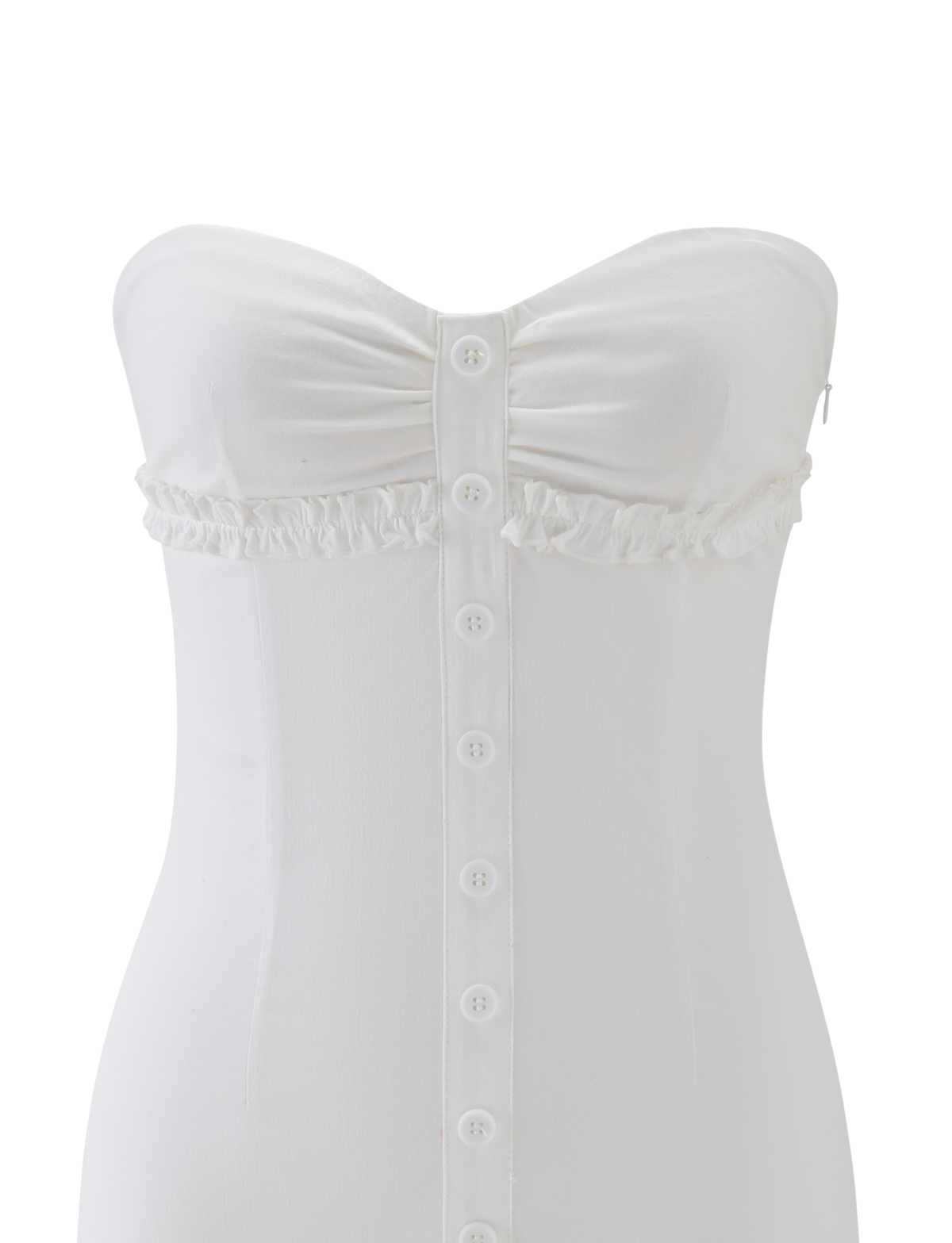 The KITTIE STRAPLESS DRESS - WHITE by TIGERMIST is a strapless mini dress with a ruched sweetheart neckline, ruffle trim below the bust, cinched fit, and white button details down the front.